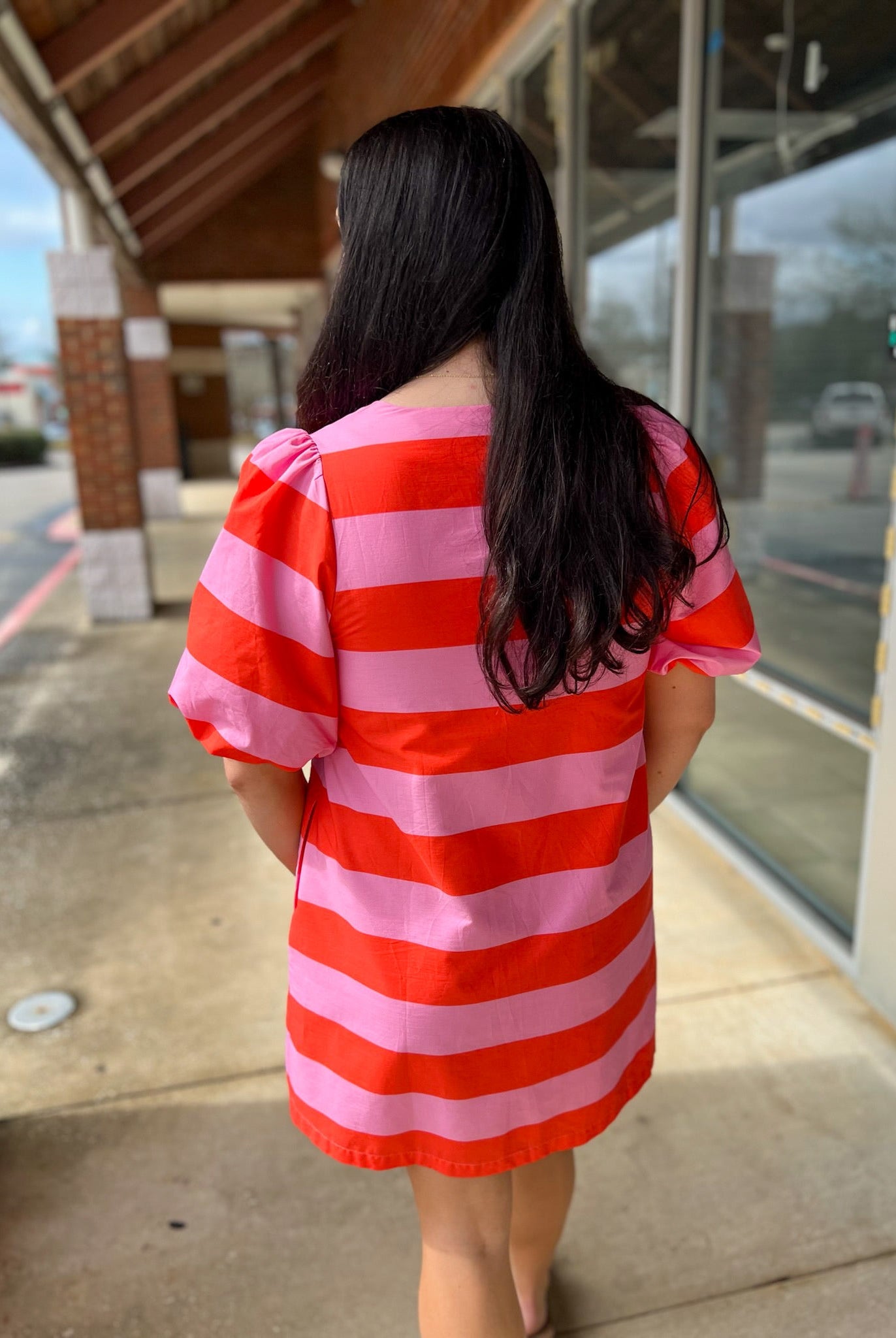 Pink Striped Button Up Short Puff Sleeve Dress with Pockets - A'Bekah's Boutique