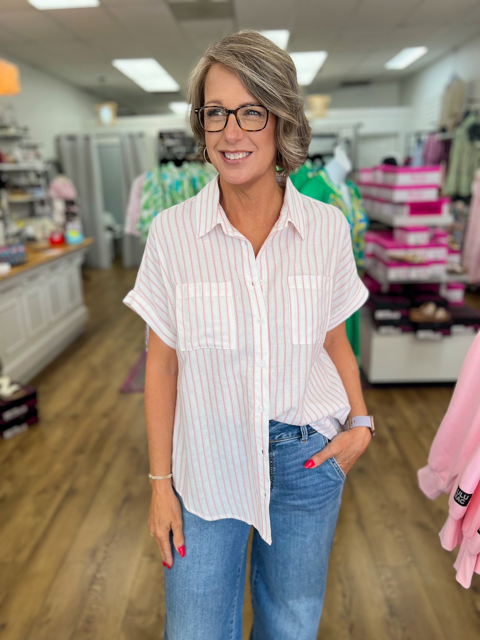 Pink Striped Button Up Top with Short Dolman Sleeves - A'Bekah's Boutique