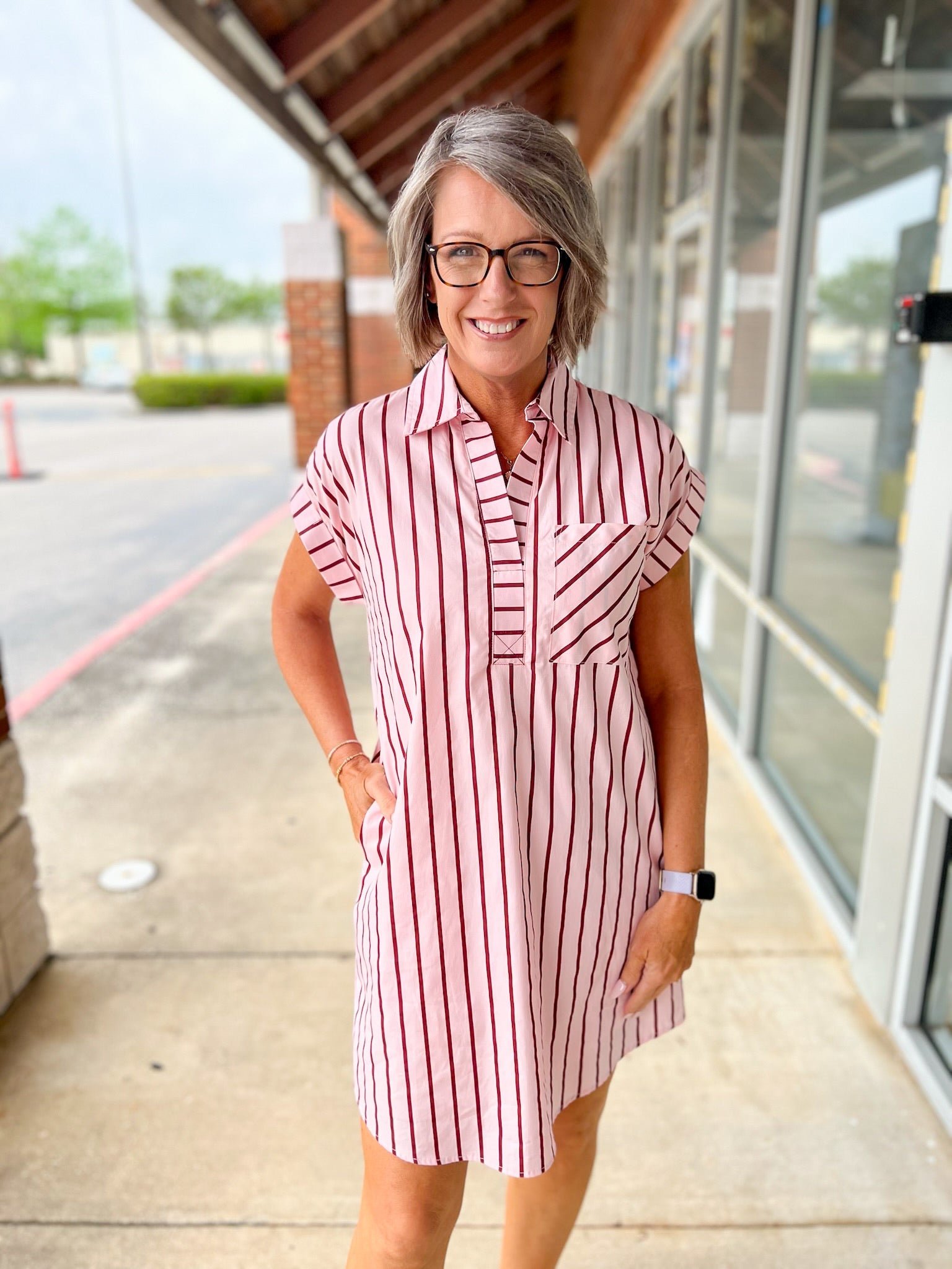 Pink Striped Short Sleeve Dress with Pockets - A'Bekah's Boutique