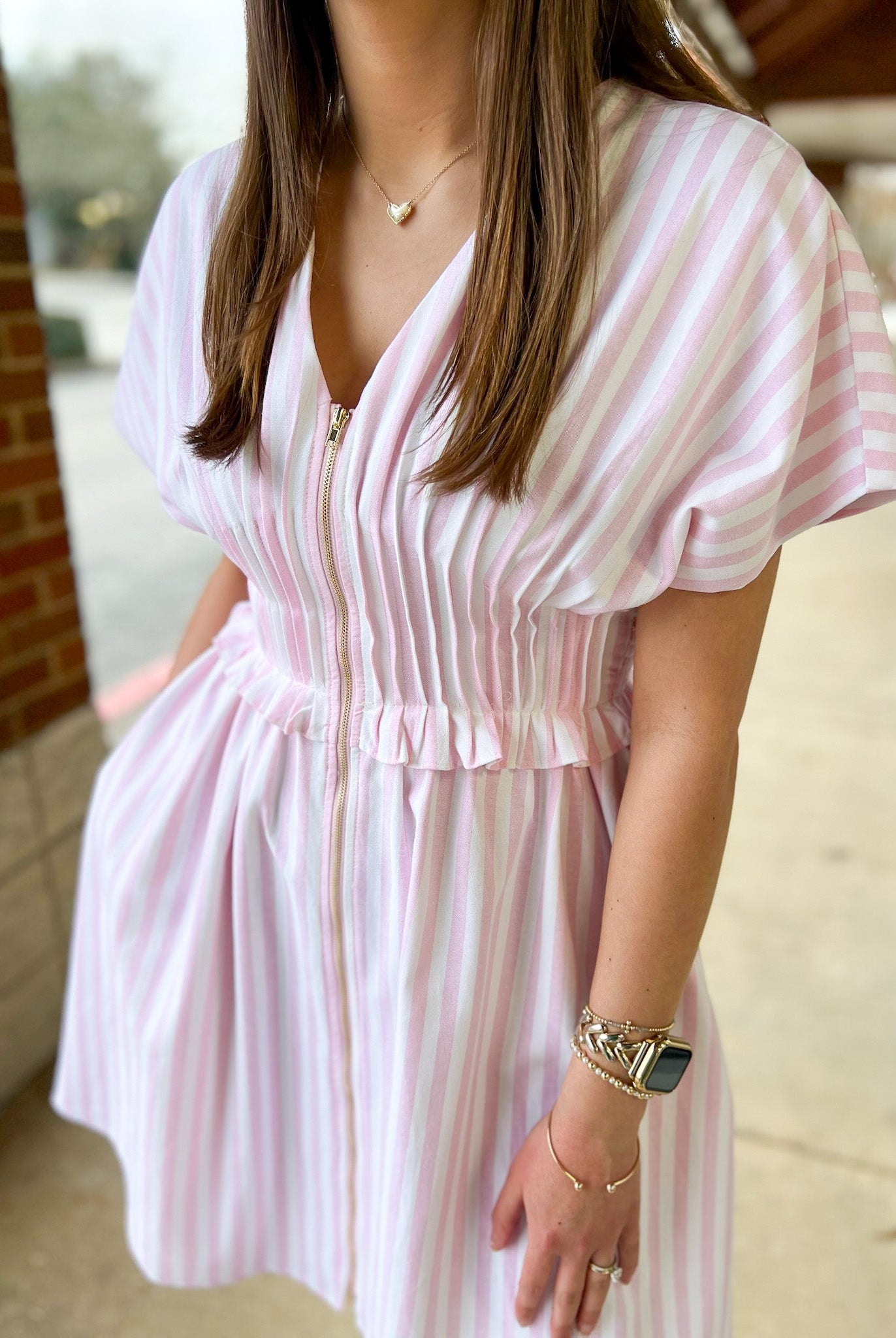 Pink Striped Zip Front Dress with Pintuck Waist and Pockets - A'Bekah's Boutique
