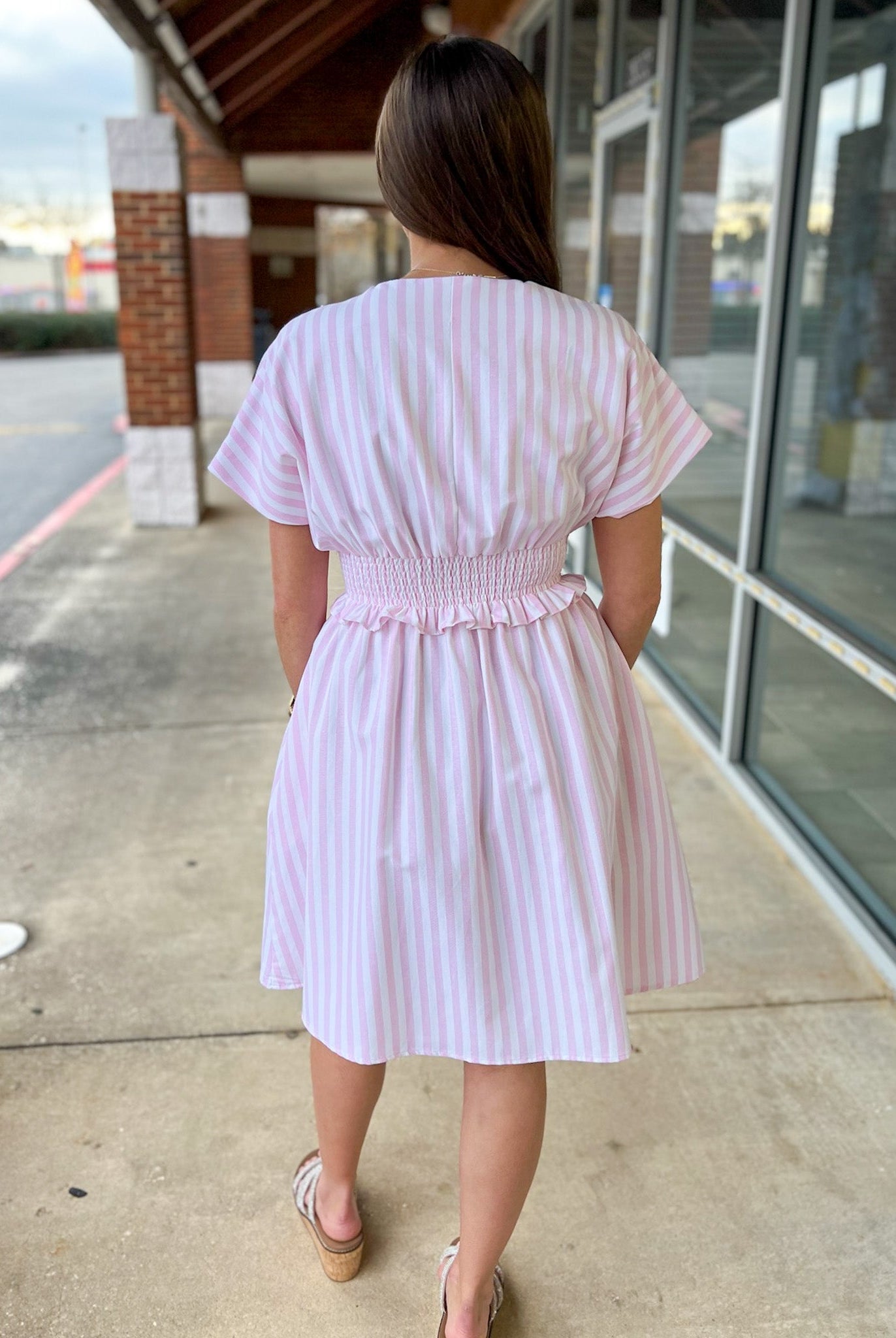 Pink Striped Zip Front Dress with Pintuck Waist and Pockets - A'Bekah's Boutique