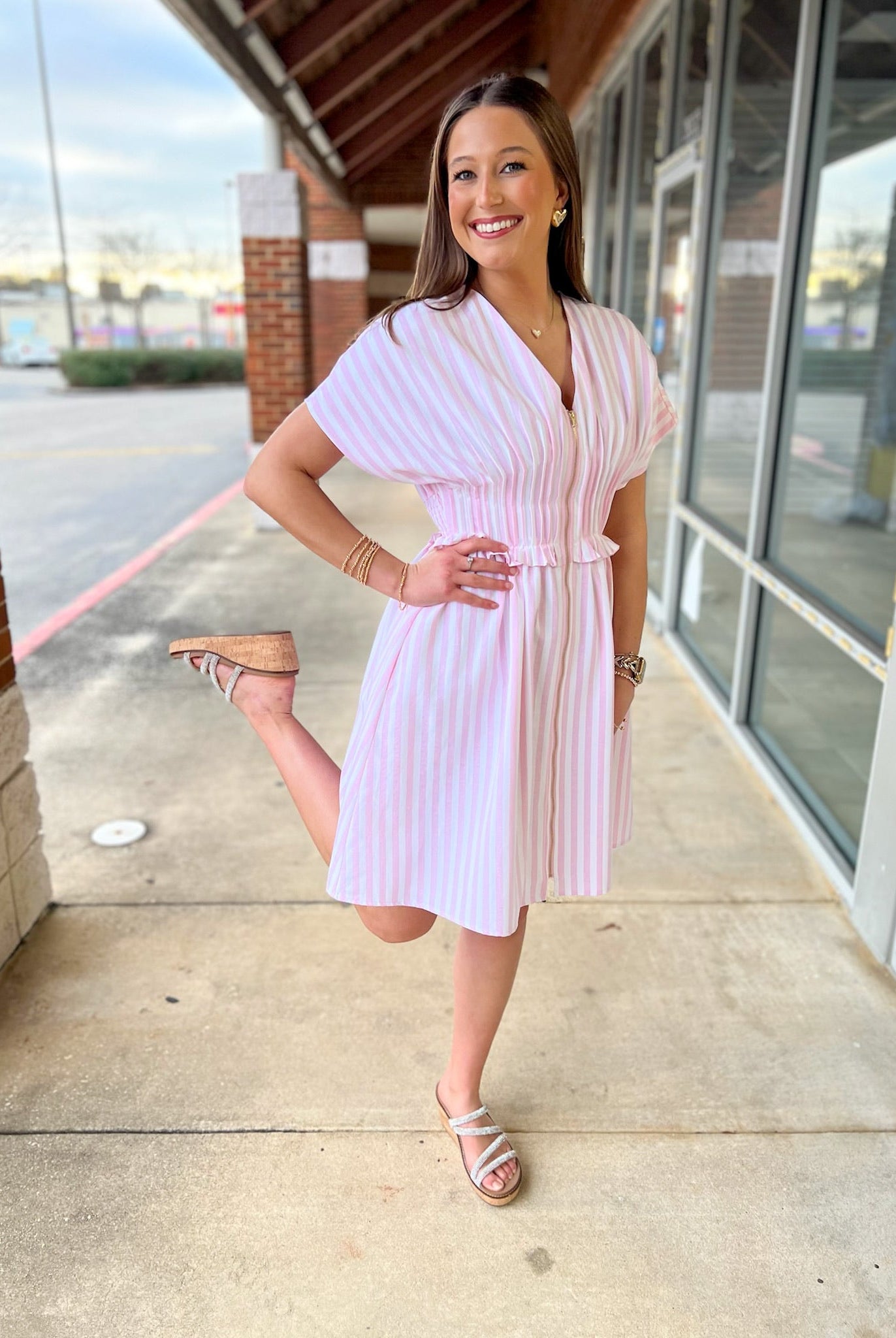 Pink Striped Zip Front Dress with Pintuck Waist and Pockets - A'Bekah's Boutique