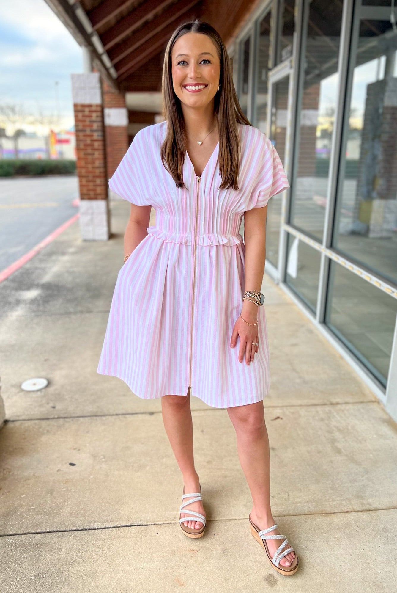 Pink Striped Zip Front Dress with Pintuck Waist and Pockets - A'Bekah's Boutique