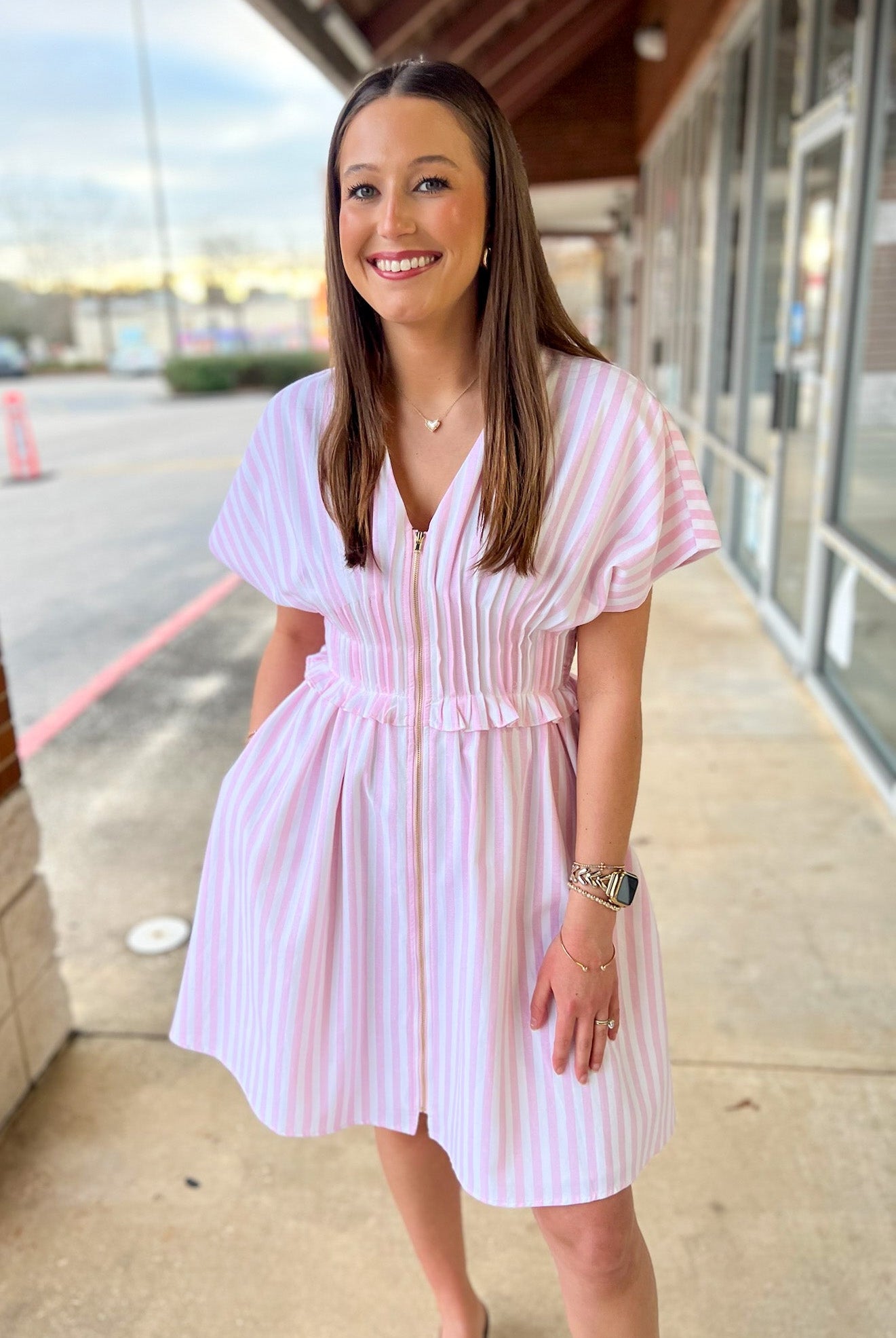 Pink Striped Zip Front Dress with Pintuck Waist and Pockets - A'Bekah's Boutique