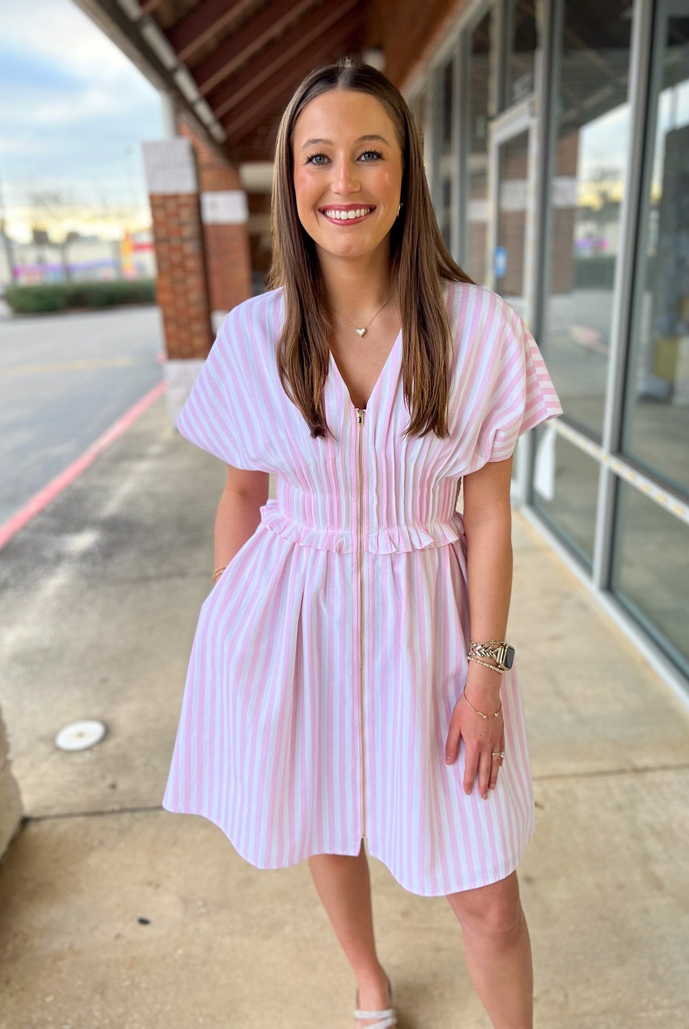 Pink Striped Zip Front Dress with Pintuck Waist and Pockets - A'Bekah's Boutique