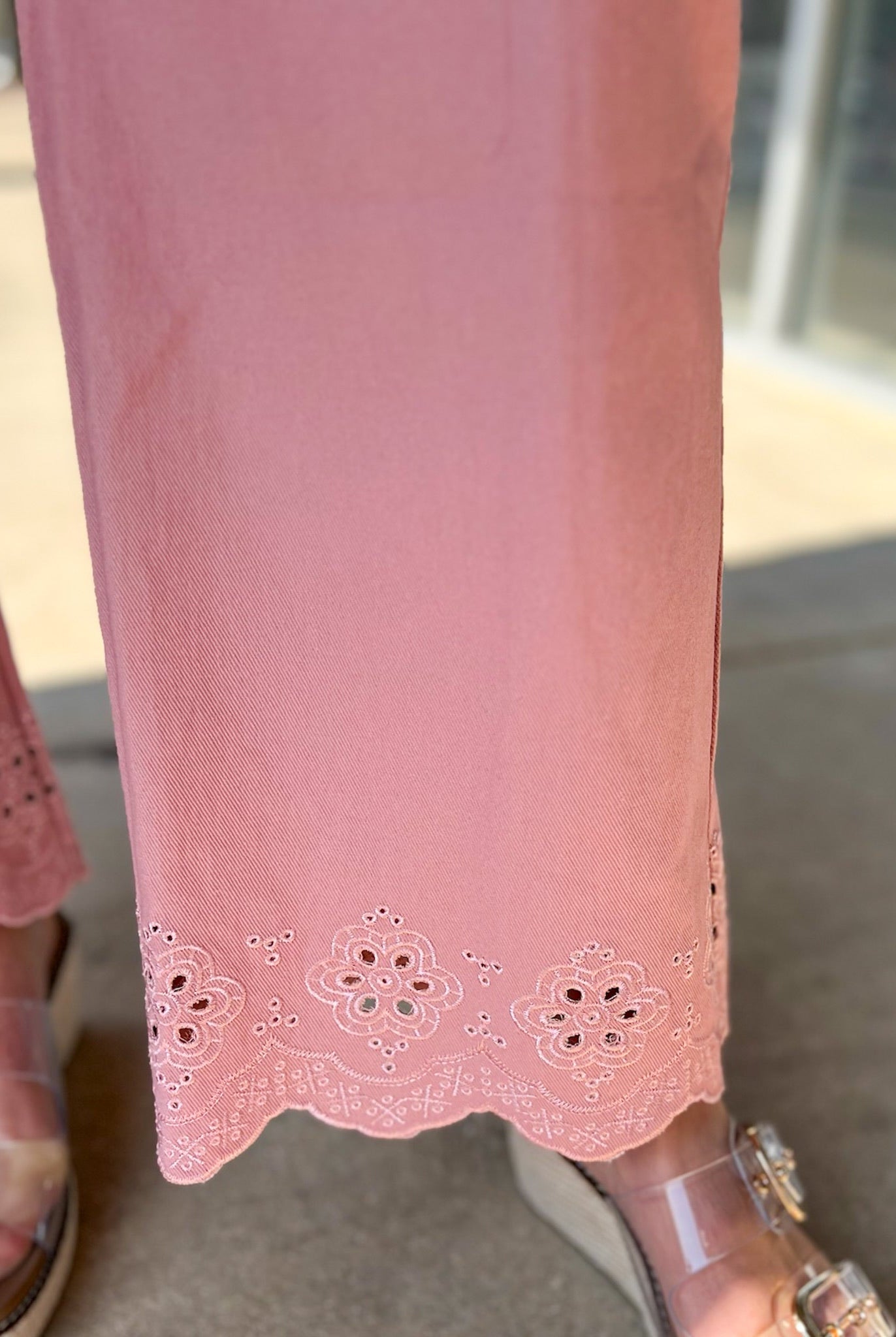 Pink Wide Leg Ankle Pants with Scalloped Eyelet Hem - A'Bekah's Boutique