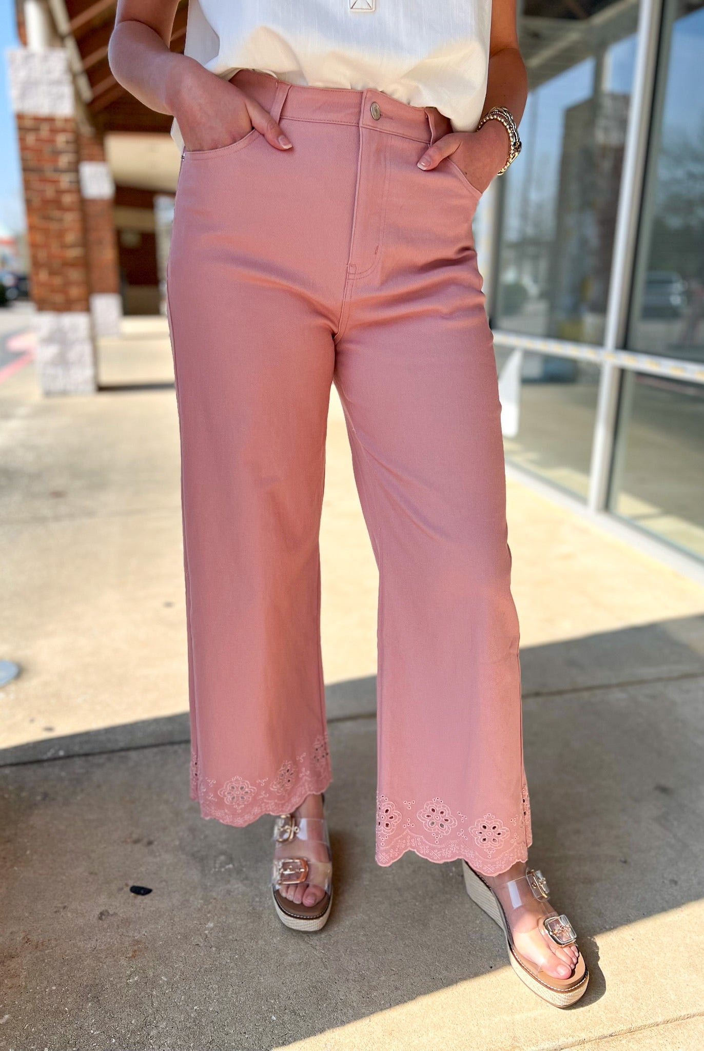 Pink Wide Leg Ankle Pants with Scalloped Eyelet Hem - A'Bekah's Boutique