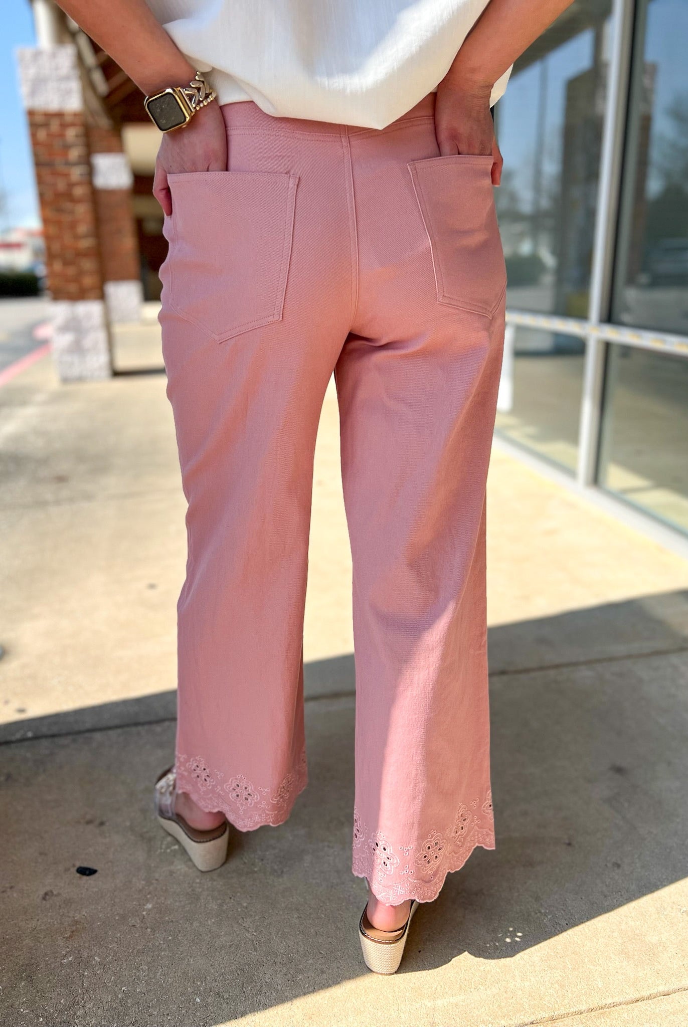 Pink Wide Leg Ankle Pants with Scalloped Eyelet Hem - A'Bekah's Boutique
