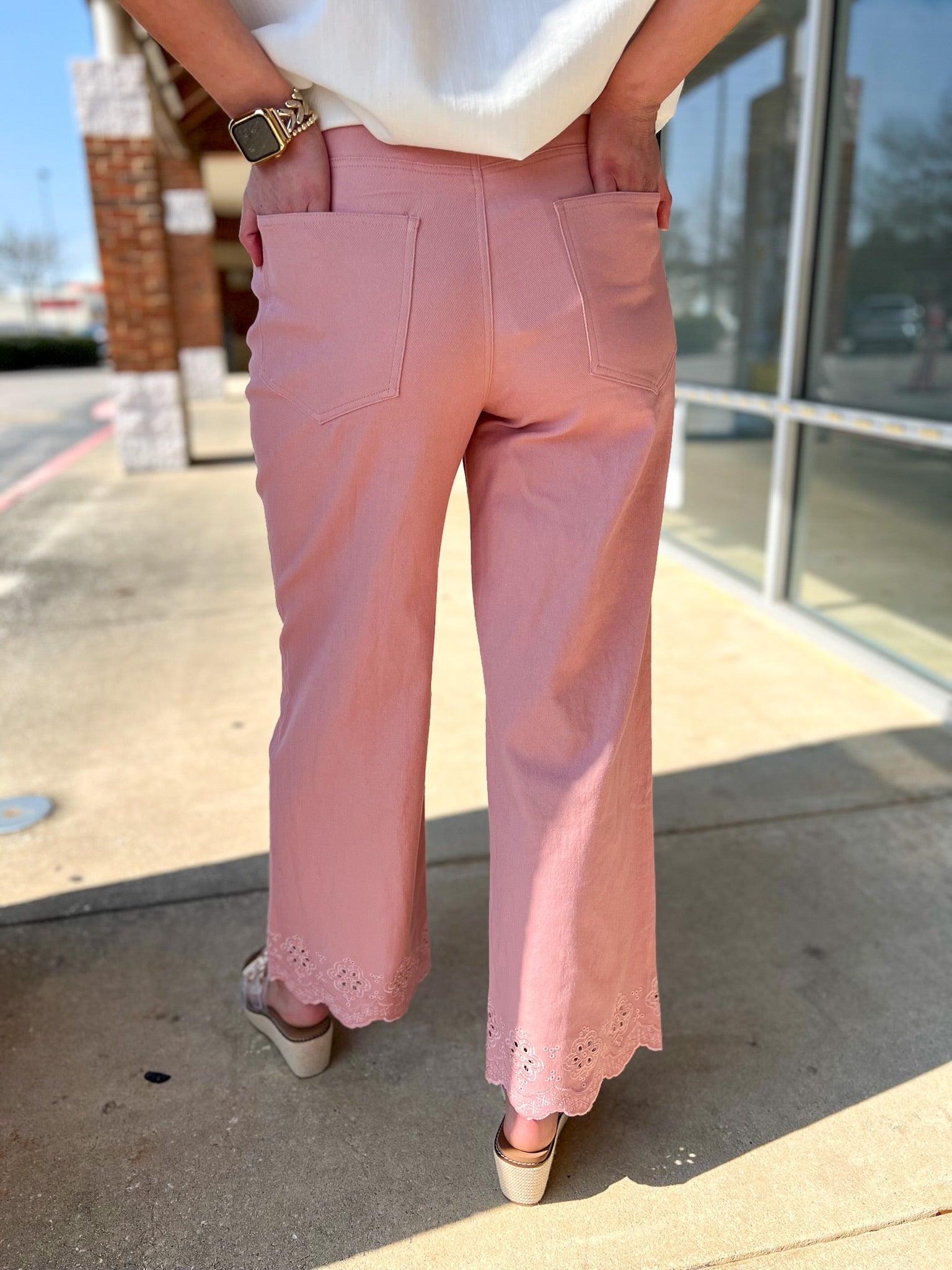 Pink Wide Leg Ankle Pants with Scalloped Eyelet Hem - A'Bekah's Boutique