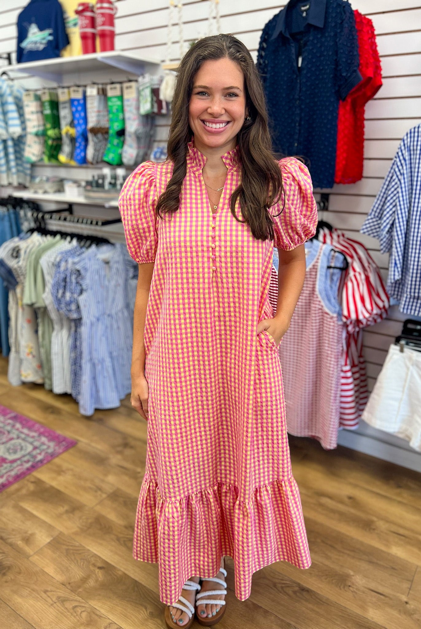 Pink & Yellow Gingham V-neck Midi Dress with Short Puff Sleeves - A'Bekah's Boutique