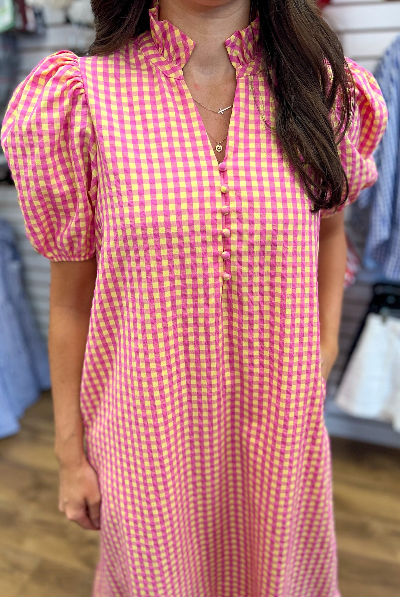 Pink & Yellow Gingham V-neck Midi Dress with Short Puff Sleeves - A'Bekah's Boutique
