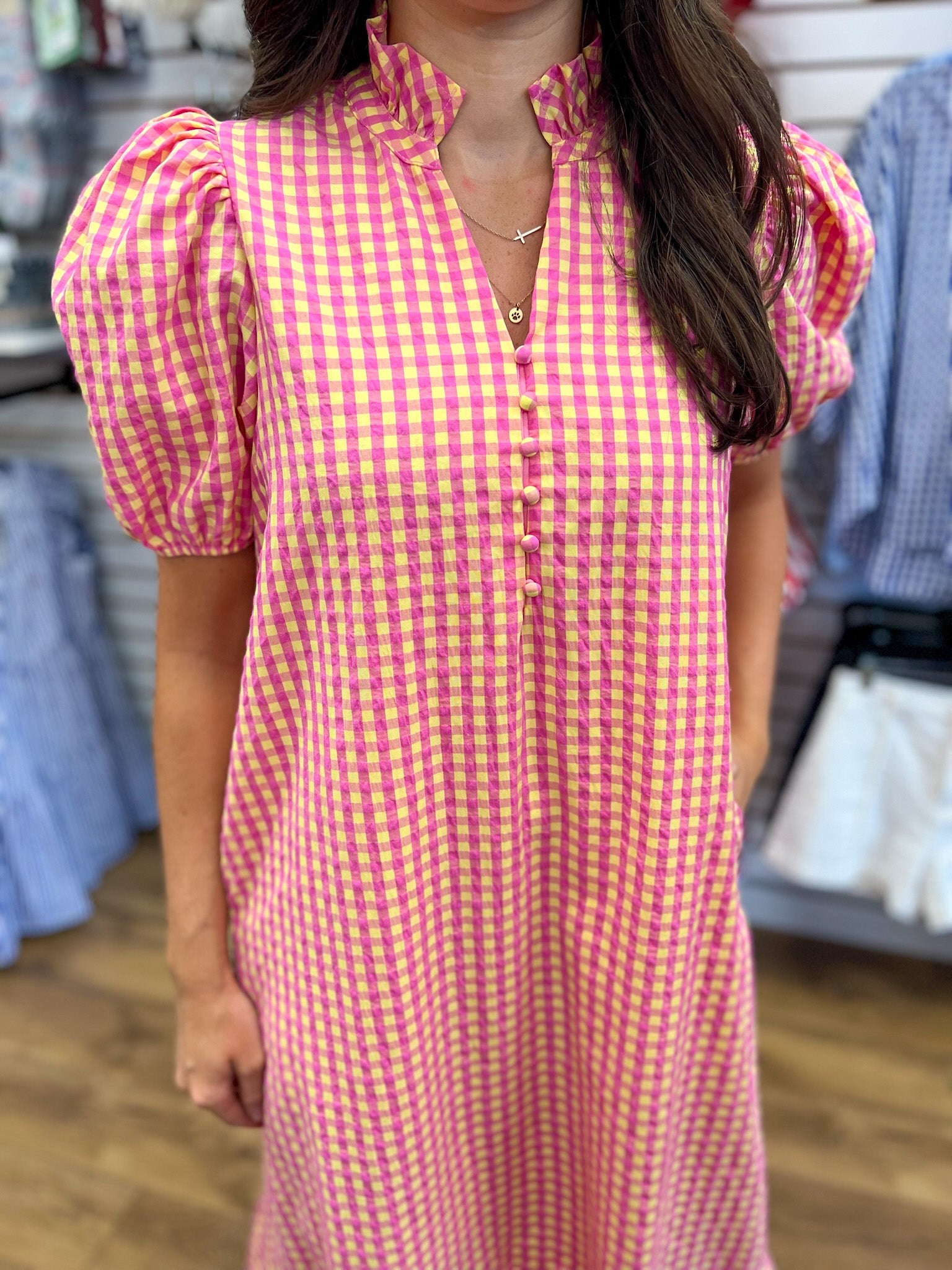 Pink & Yellow Gingham V-neck Midi Dress with Short Puff Sleeves - A'Bekah's Boutique