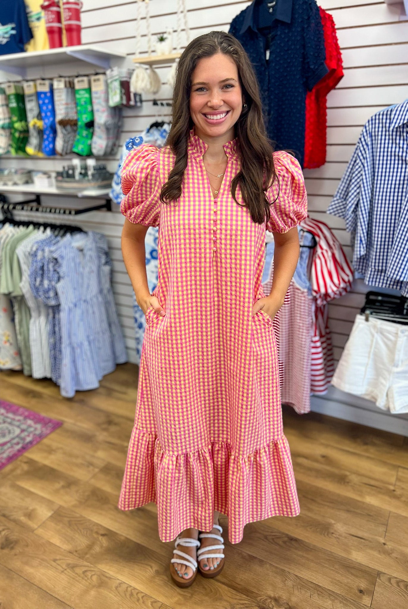Pink & Yellow Gingham V-neck Midi Dress with Short Puff Sleeves - A'Bekah's Boutique