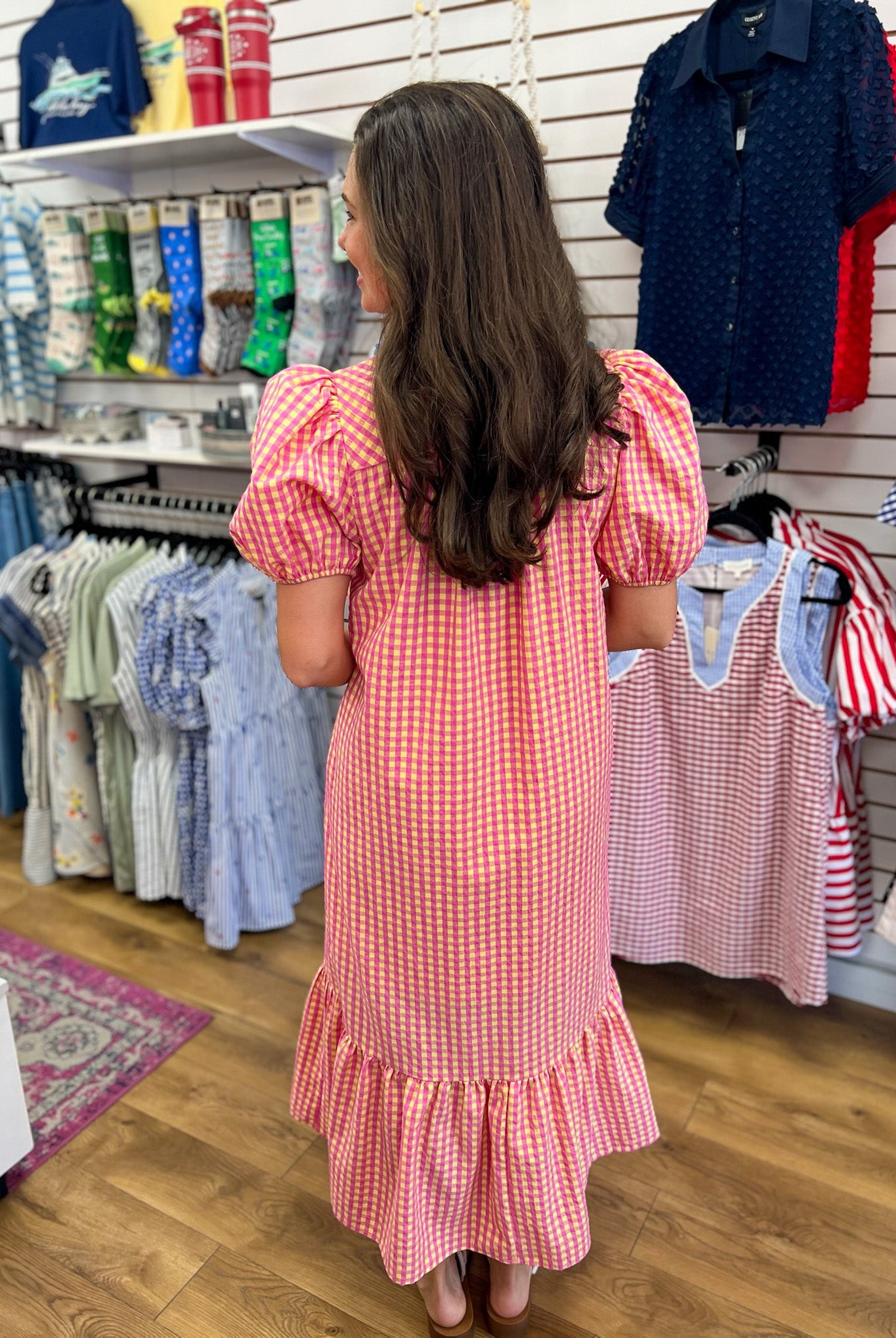 Pink & Yellow Gingham V-neck Midi Dress with Short Puff Sleeves - A'Bekah's Boutique