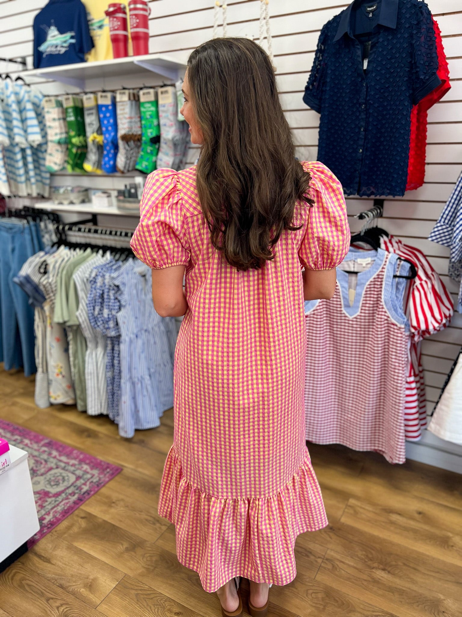 Pink & Yellow Gingham V-neck Midi Dress with Short Puff Sleeves - A'Bekah's Boutique