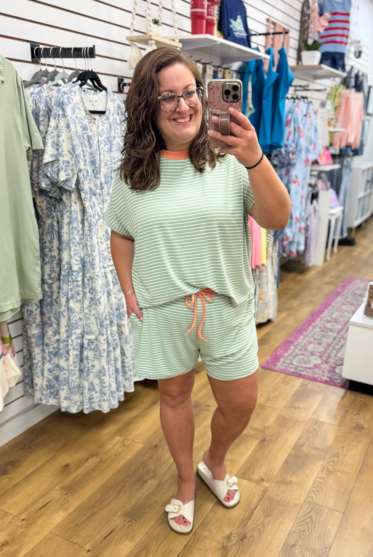 Pistachio Green and Salmon Striped Short Set - A'Bekah's Boutique