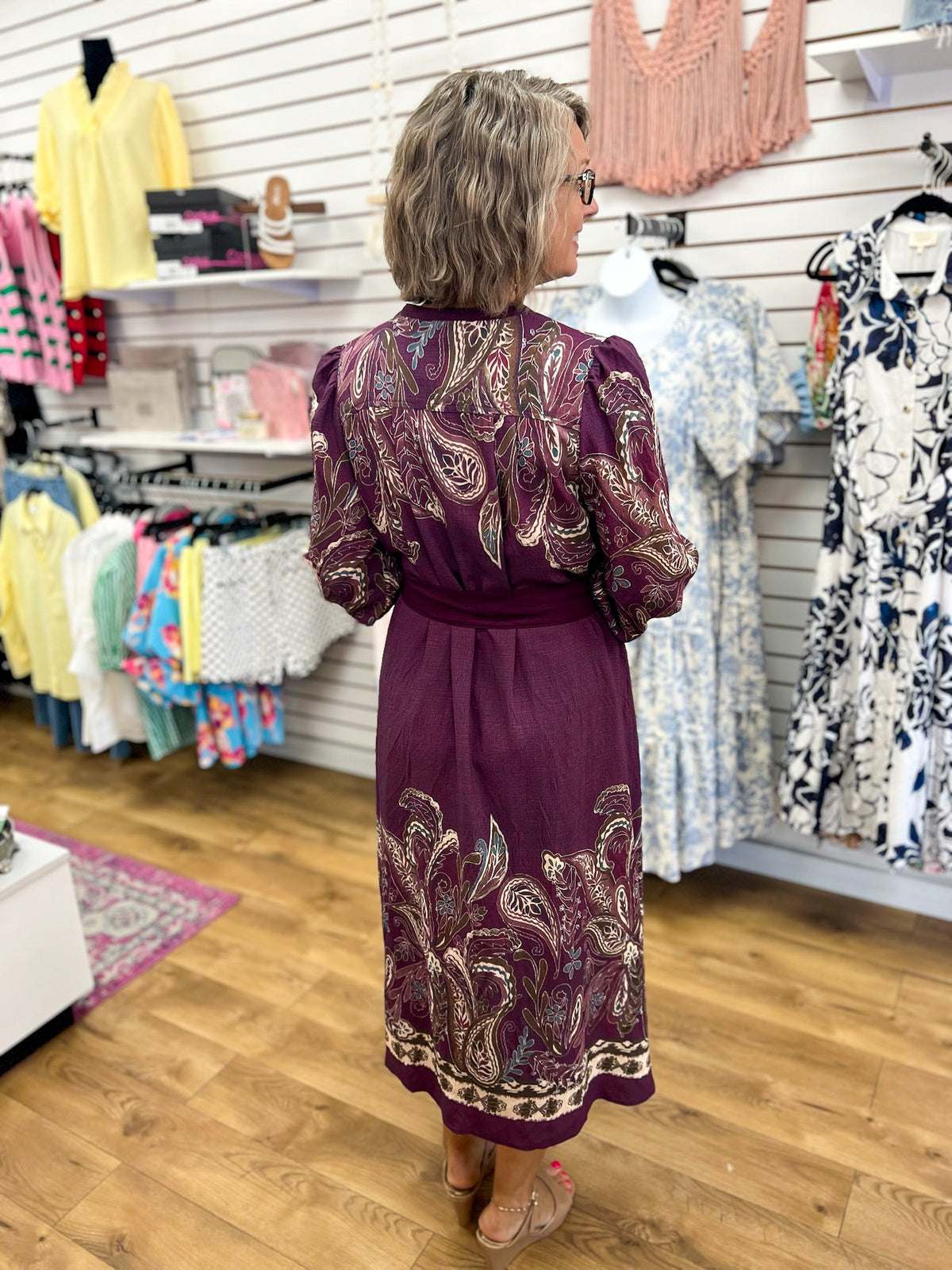 Plum Abstract Print V-Neck Midi Dress with Tie Waist - A'Bekah's Boutique