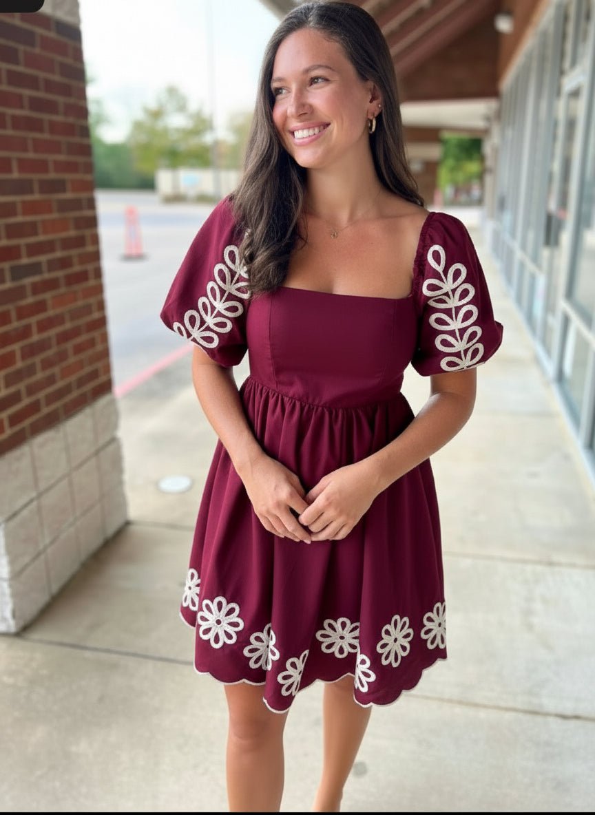 Plum Puff Sleeve Embroidered Dress with Scalloped Hem - A'Bekah's Boutique