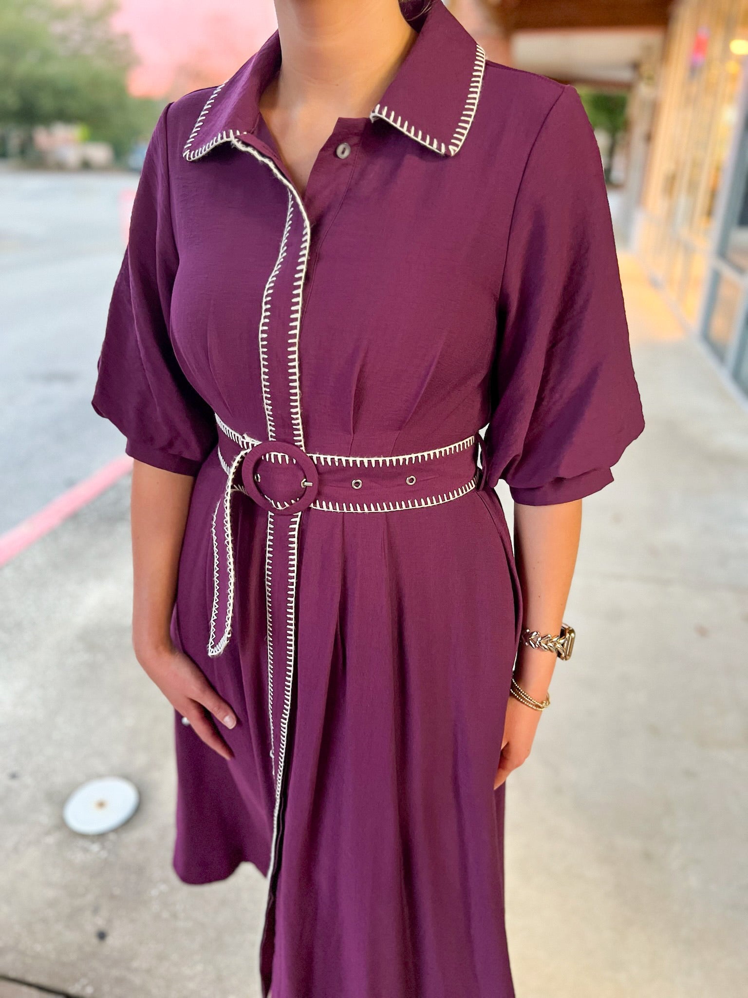 Plum Short Puff Sleeve Midi Dress with Blanket Stitch Trim - A'Bekah's Boutique