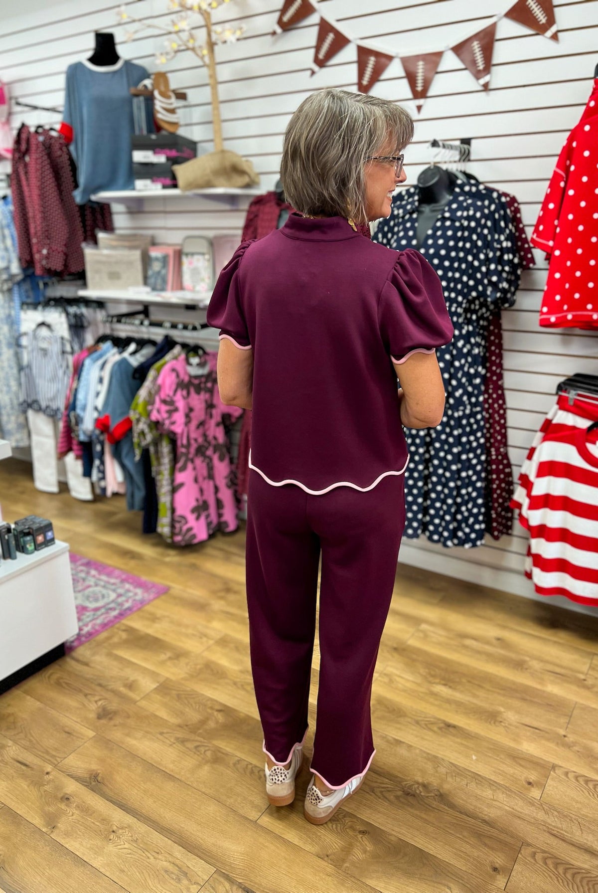 Plum Short Puff Sleeve V-Neck Pant Set with Scallop Trim - A'Bekah's Boutique