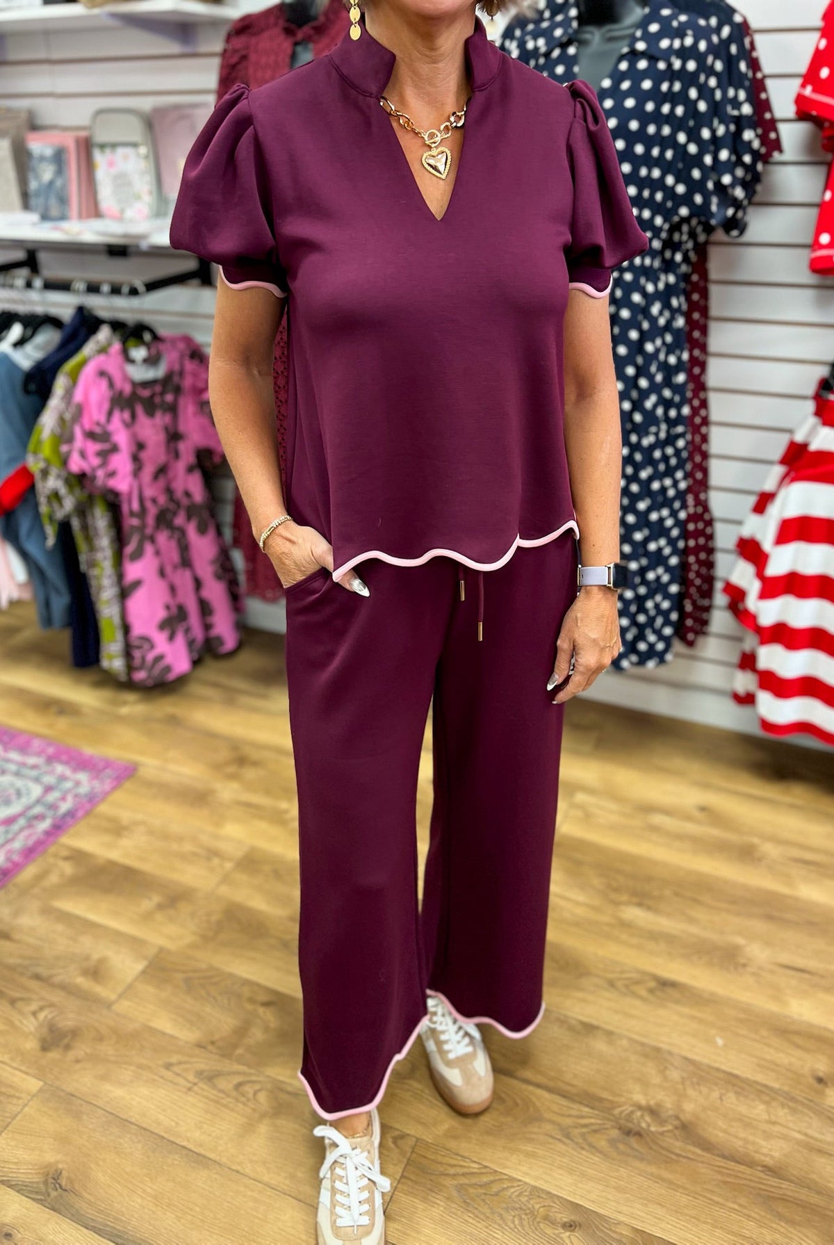 Plum Short Puff Sleeve V-Neck Pant Set with Scallop Trim - A'Bekah's Boutique