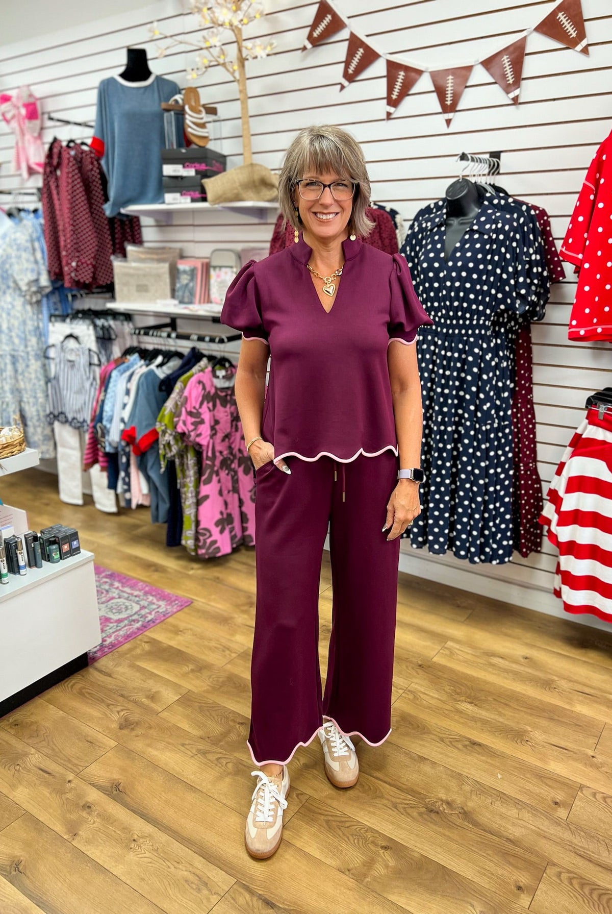 Plum Short Puff Sleeve V-Neck Pant Set with Scallop Trim - A'Bekah's Boutique