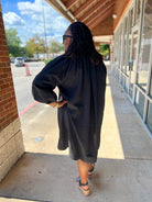 Plus Size Black V - Neck Dress with 3/4 Bubble Sleeves and Scalloped Hem (C) - A'Bekah's Boutique
