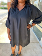 Plus Size Black V - Neck Dress with 3/4 Bubble Sleeves and Scalloped Hem (C) - A'Bekah's Boutique