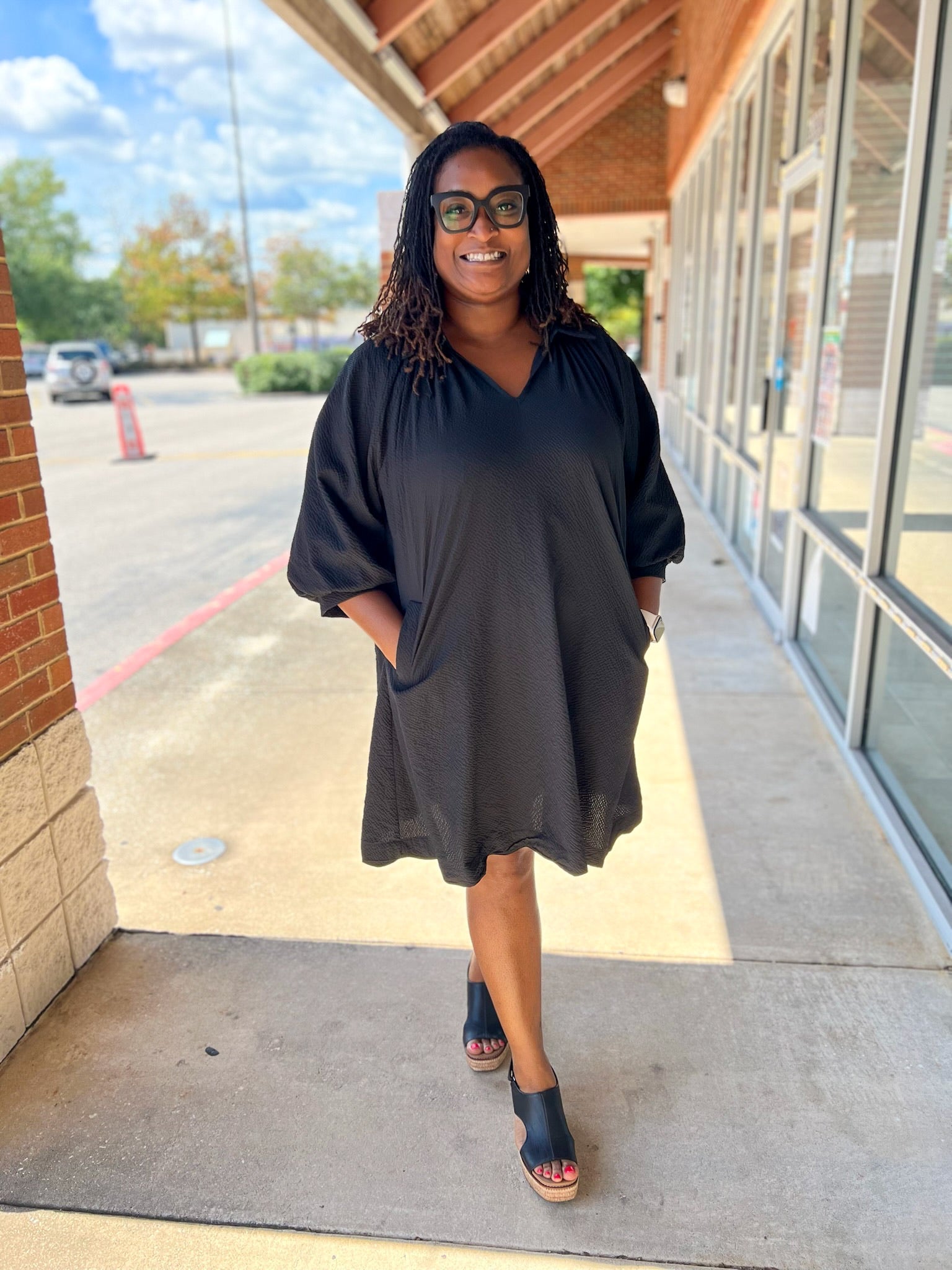 Plus Size Black V - Neck Dress with 3/4 Bubble Sleeves and Scalloped Hem (C) - A'Bekah's Boutique