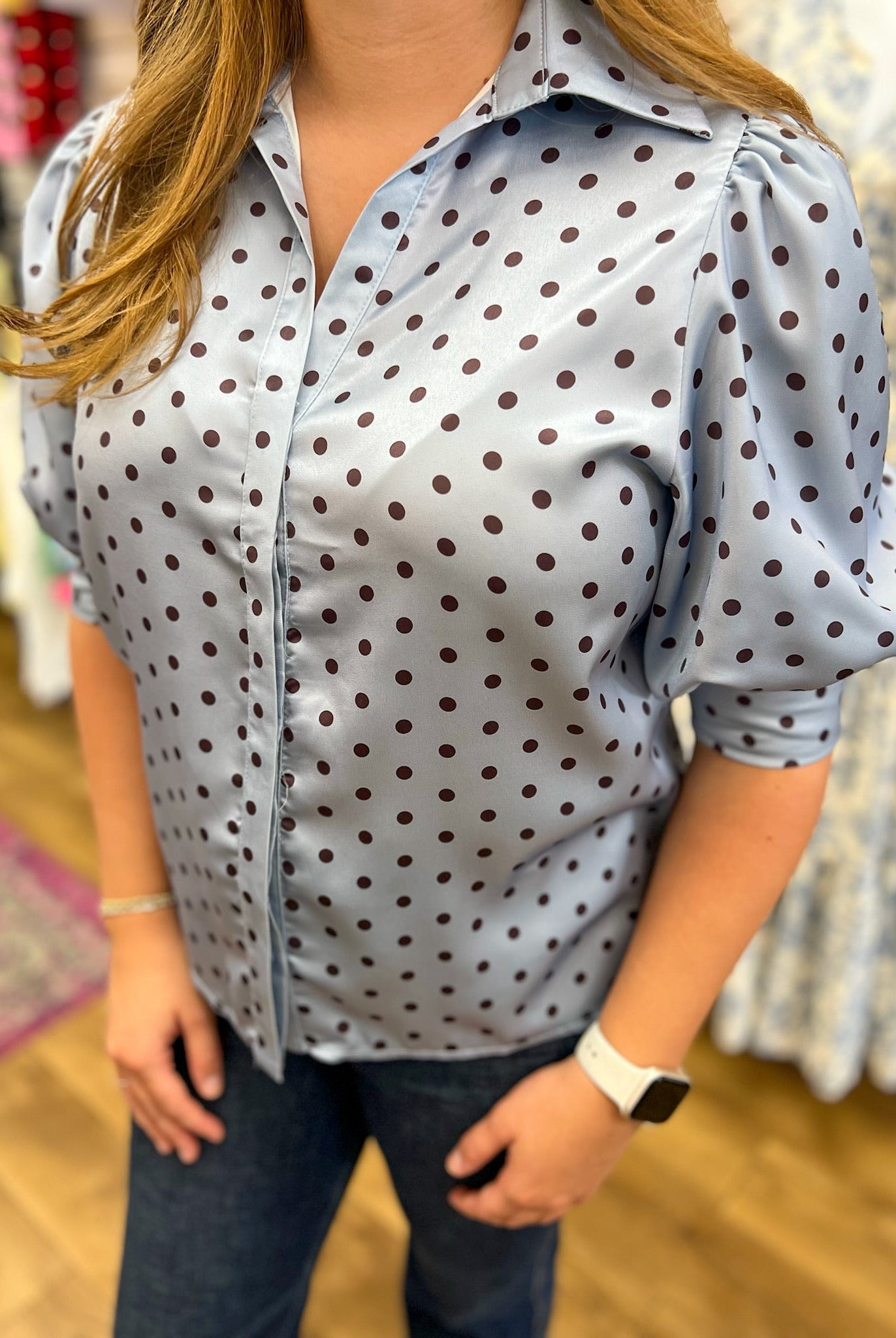 Powder Blue Polka Dot Top with Puff Sleeves - A'Bekah's Boutique