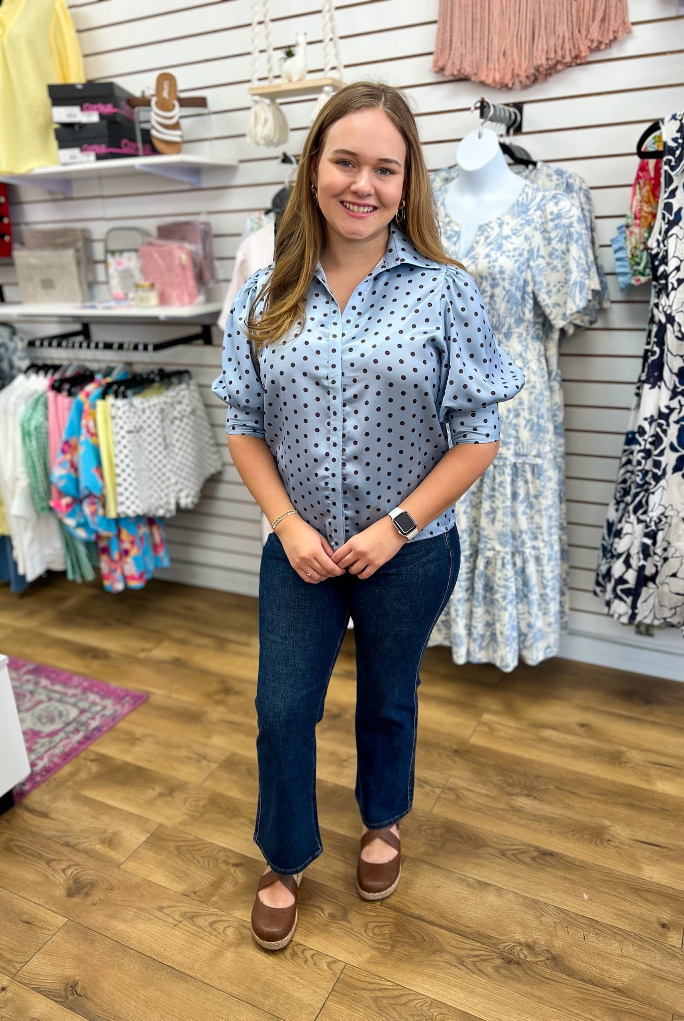 Powder Blue Polka Dot Top with Puff Sleeves - A'Bekah's Boutique