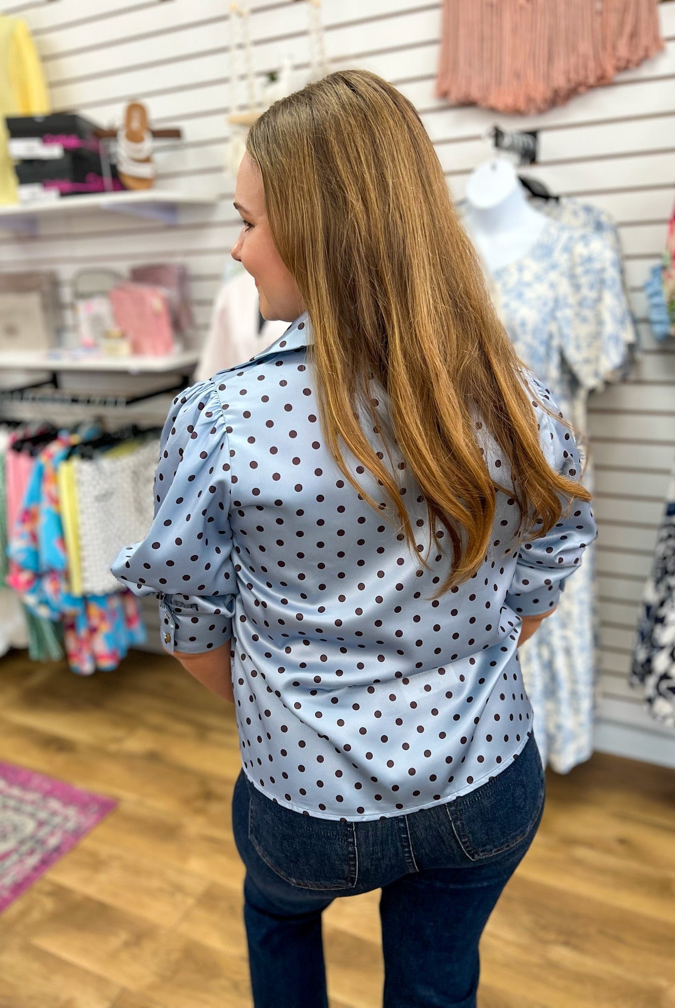 Powder Blue Polka Dot Top with Puff Sleeves - A'Bekah's Boutique