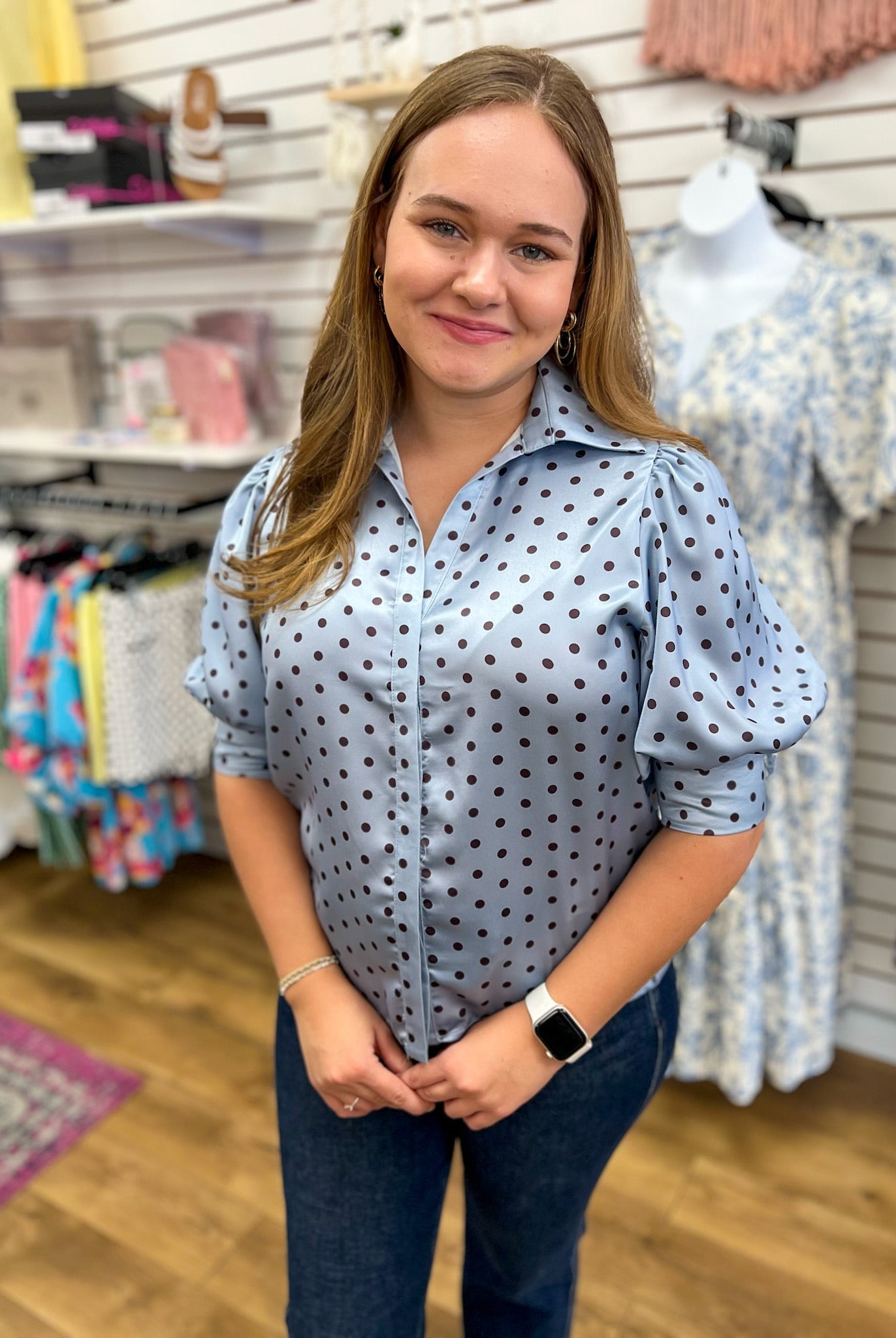 Powder Blue Polka Dot Top with Puff Sleeves - A'Bekah's Boutique
