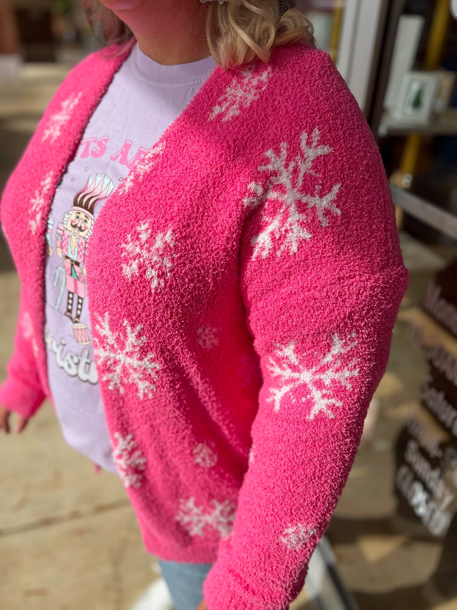Pretty and Playful Pink Open Front Cardigan with White Snowflakes - A'Bekah's Boutique