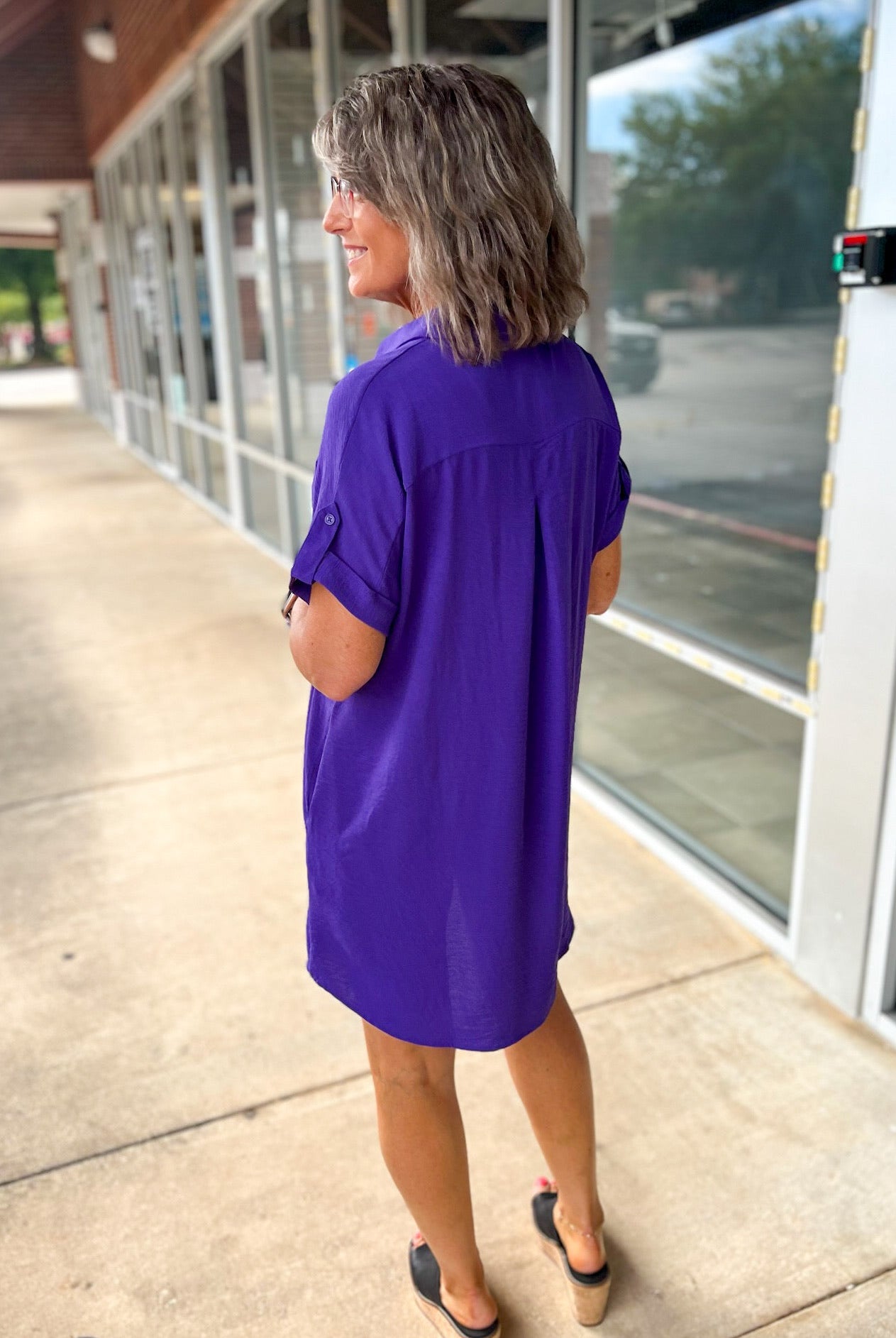 Purple Button Down Short Sleeve Shirt Dress - A'Bekah's Boutique