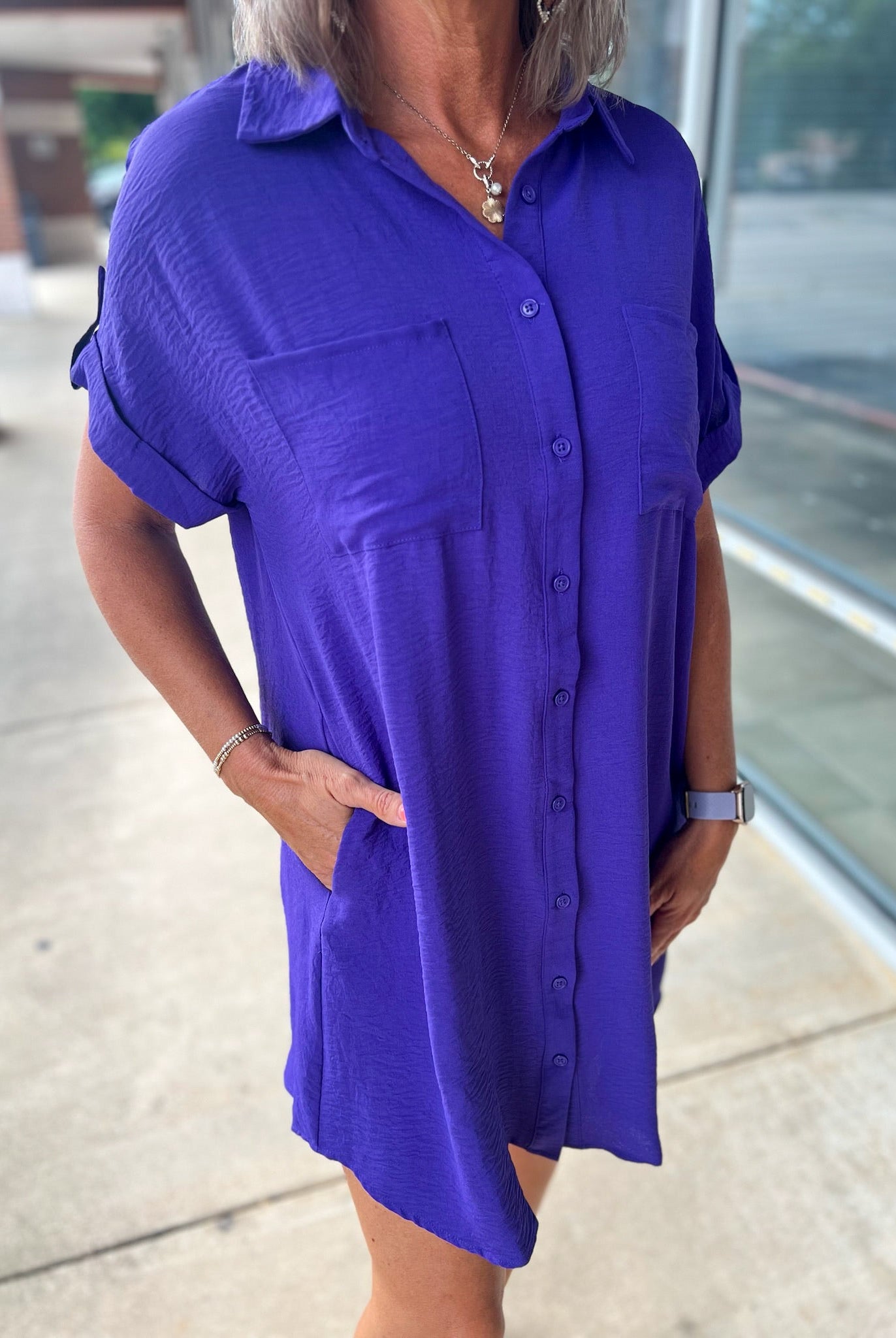 Purple Button Down Short Sleeve Shirt Dress - A'Bekah's Boutique