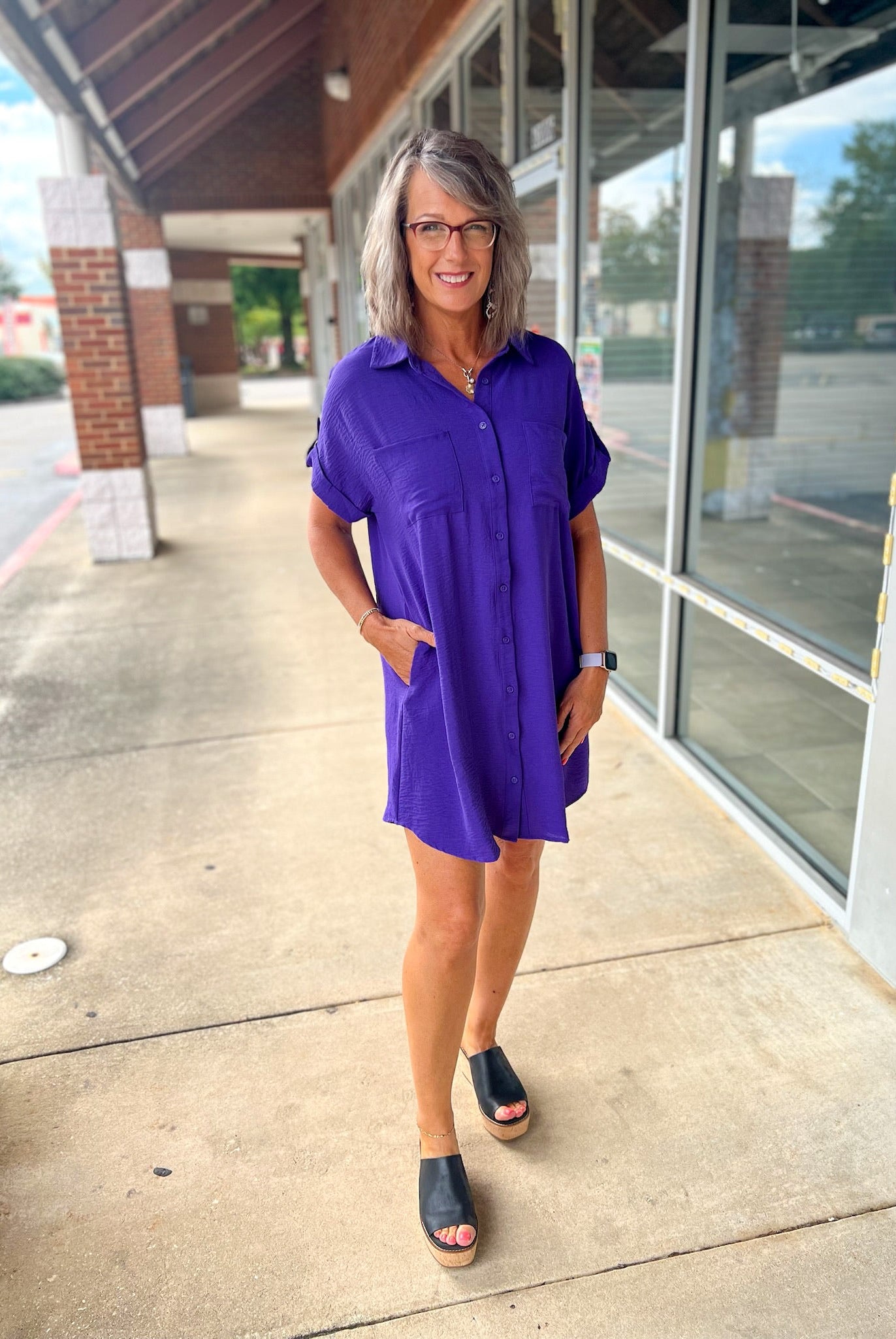 Purple Button Down Short Sleeve Shirt Dress - A'Bekah's Boutique