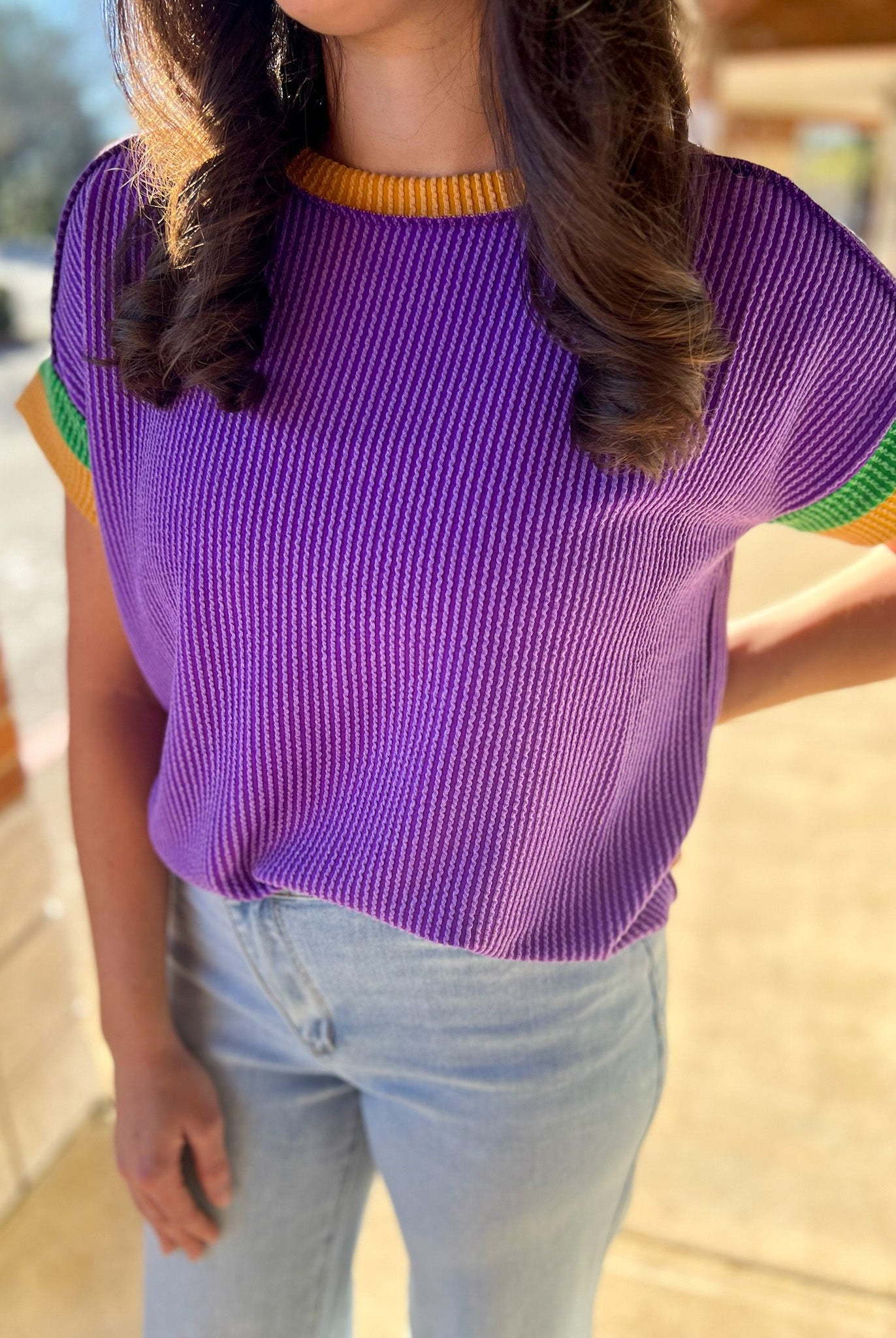Purple Ribbed Top with Green and Gold Banding on Sleeves - A'Bekah's Boutique
