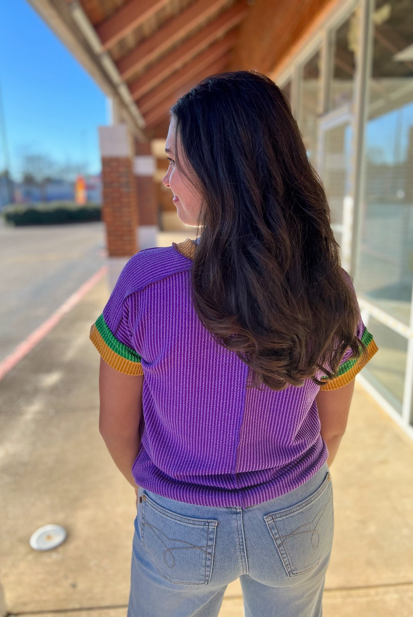 Purple Ribbed Top with Green and Gold Banding on Sleeves - A'Bekah's Boutique