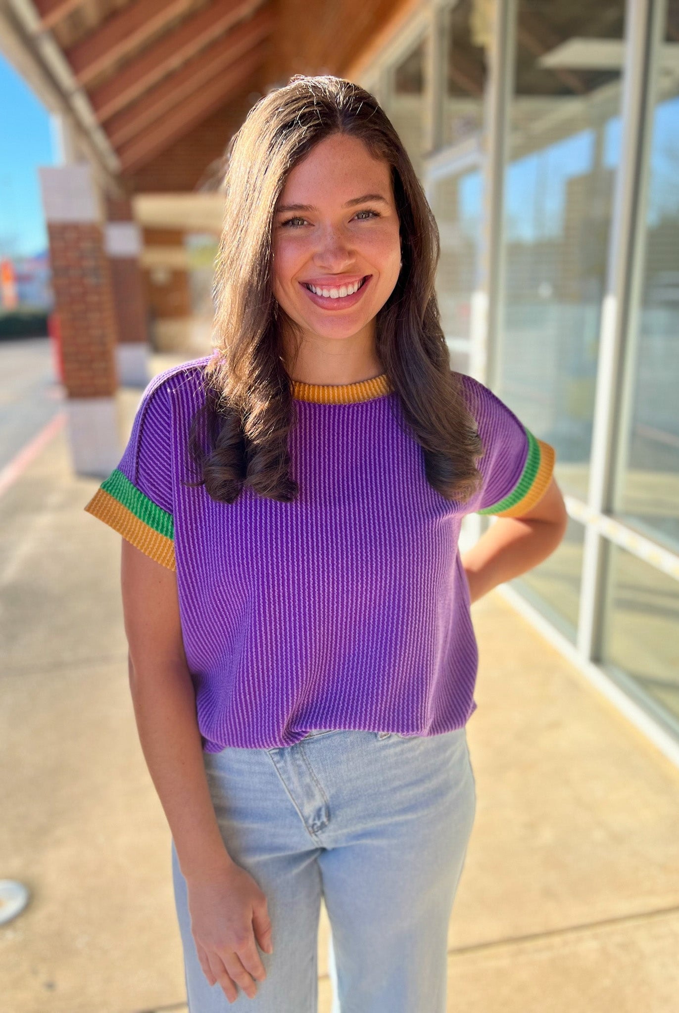 Purple Ribbed Top with Green and Gold Banding on Sleeves - A'Bekah's Boutique