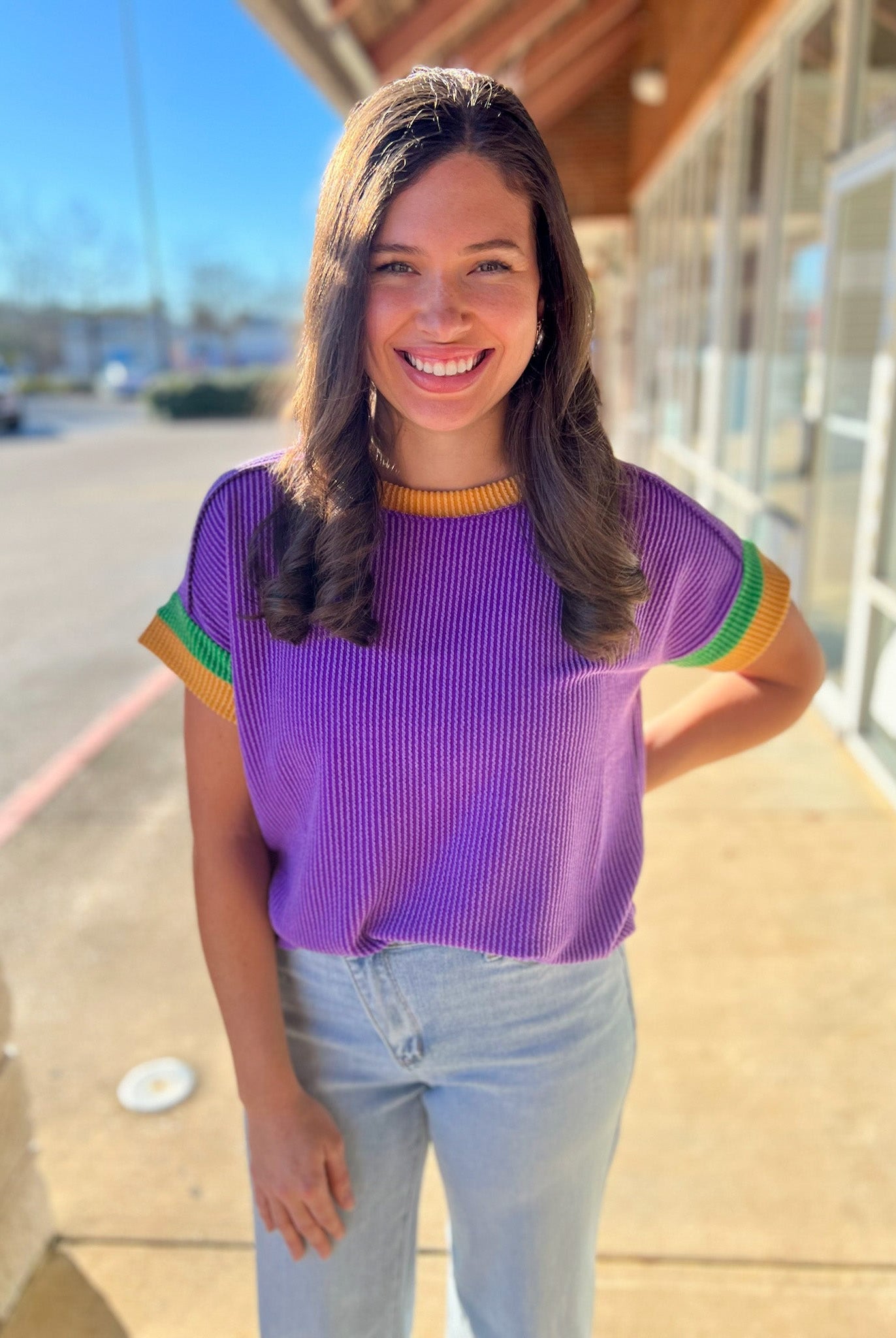 Purple Ribbed Top with Green and Gold Banding on Sleeves - A'Bekah's Boutique