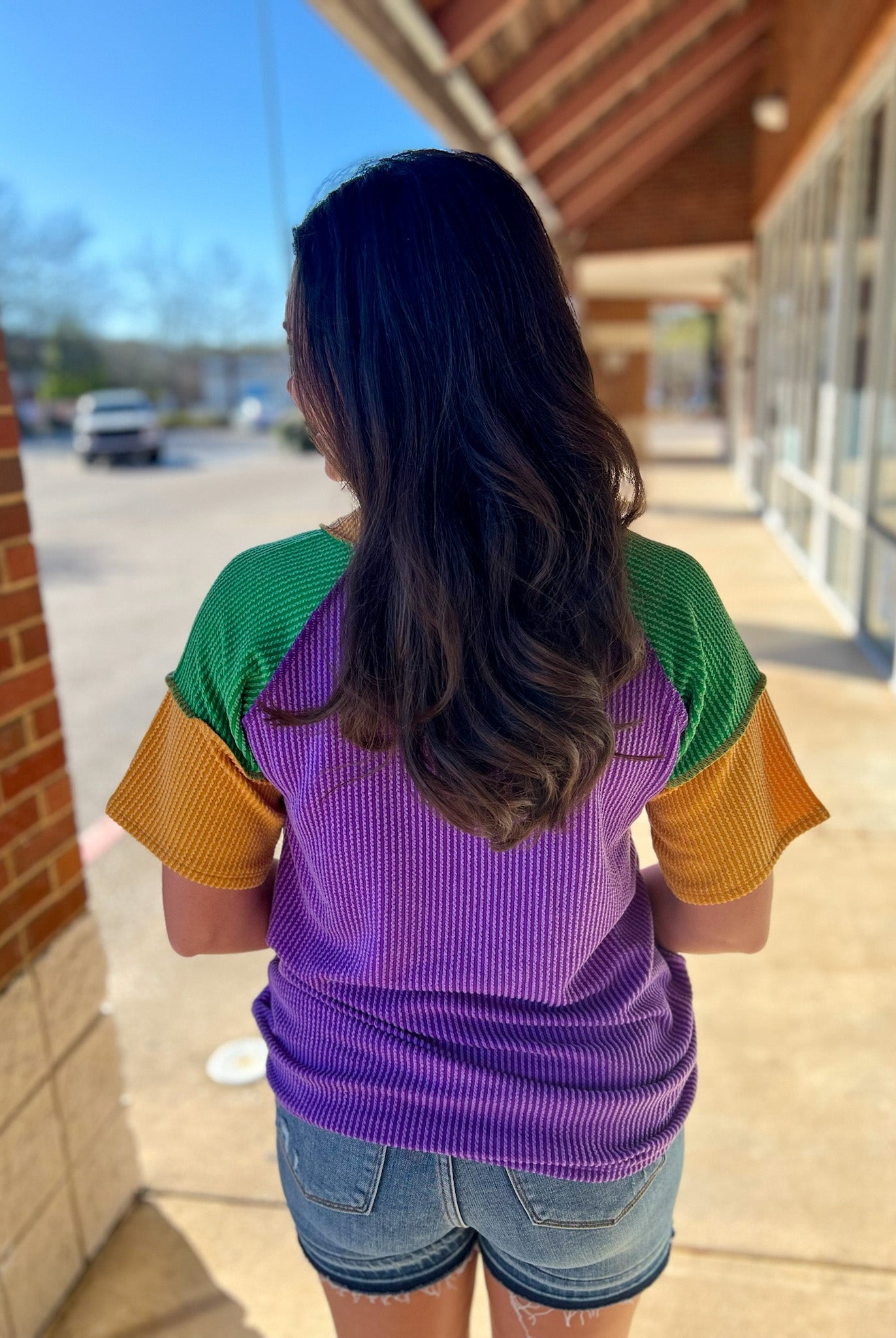 Purple Ribbed V - Neck Mardi Gras Short Sleeve Top - A'Bekah's Boutique