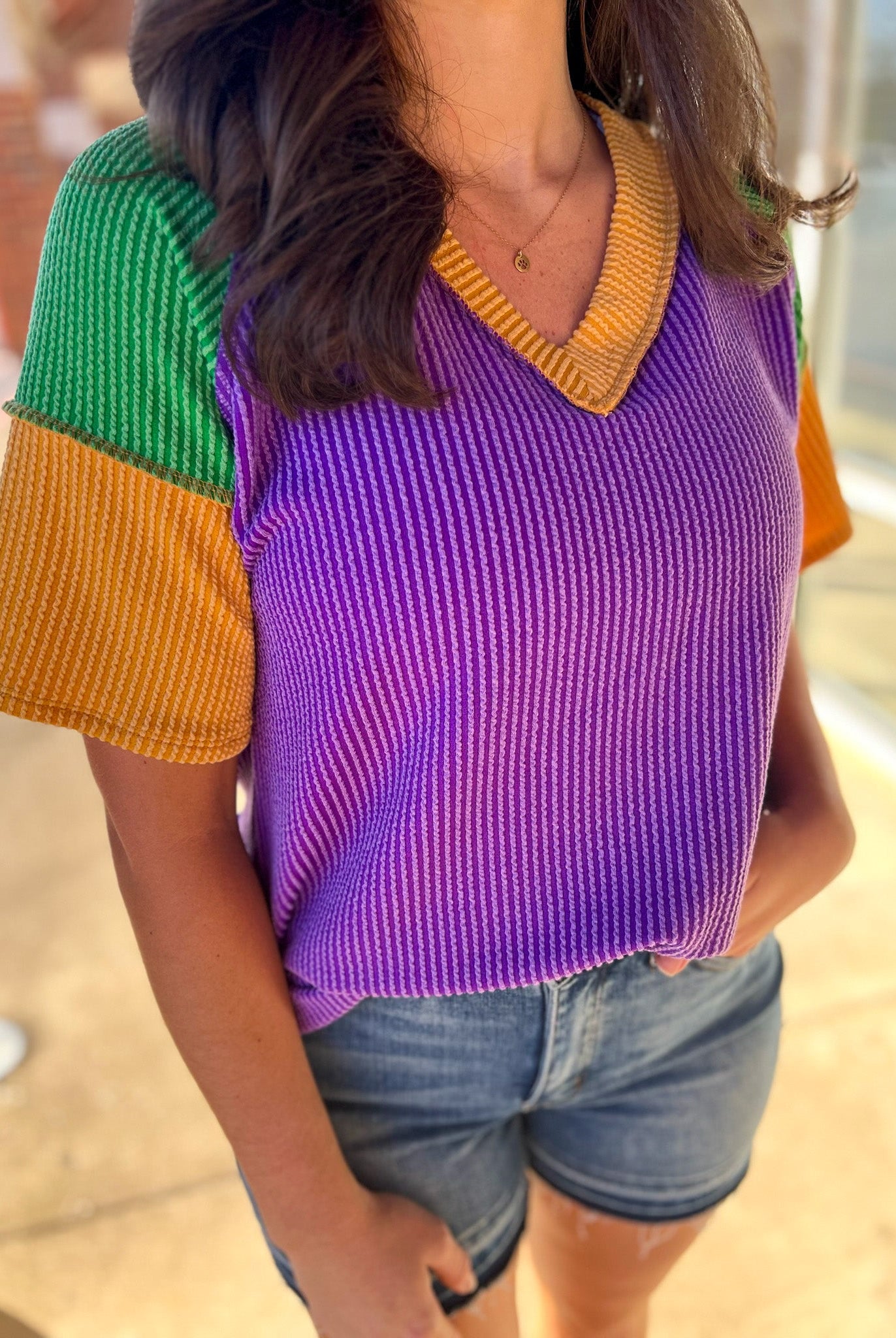 Purple Ribbed V - Neck Mardi Gras Short Sleeve Top - A'Bekah's Boutique