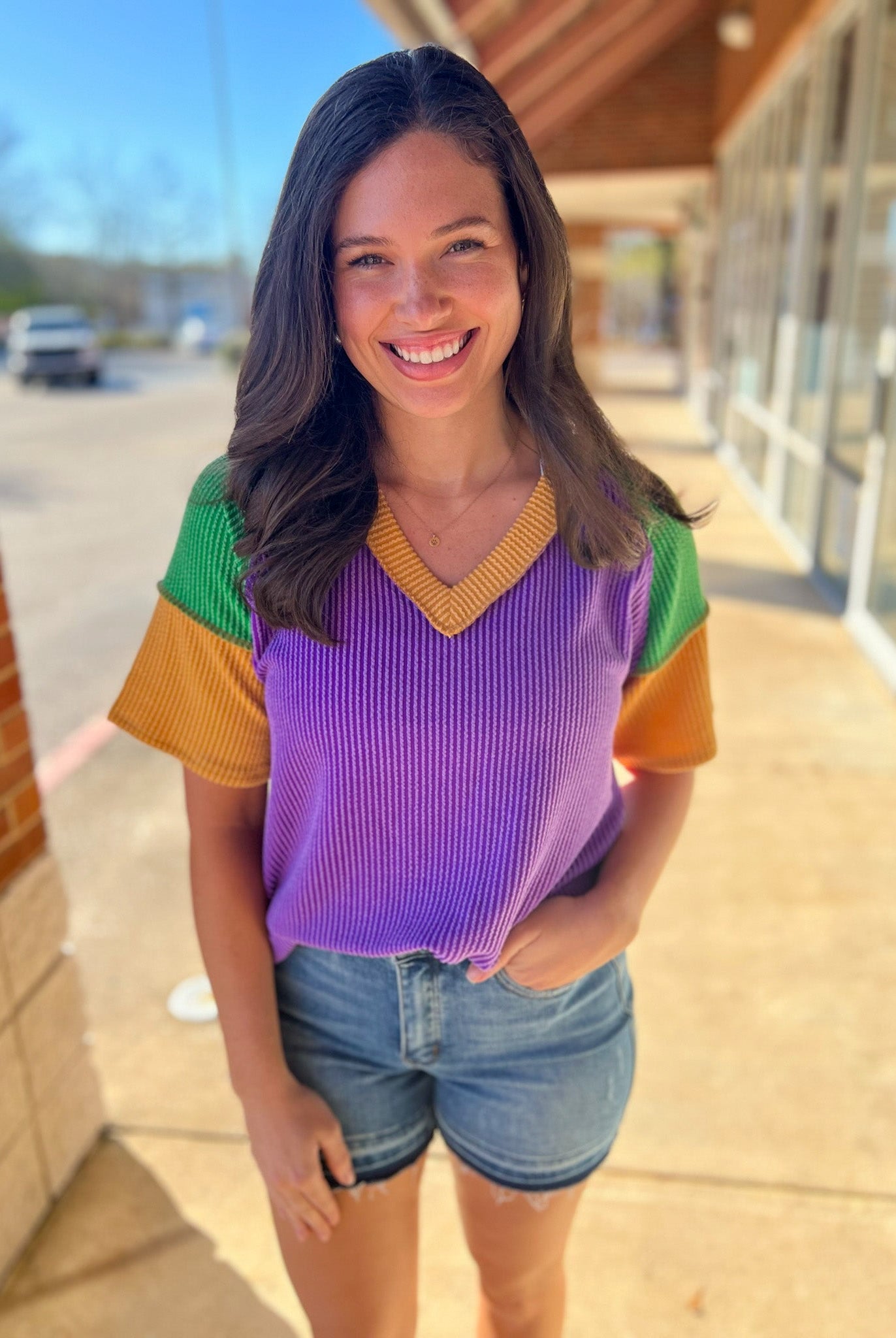 Purple Ribbed V - Neck Mardi Gras Short Sleeve Top - A'Bekah's Boutique