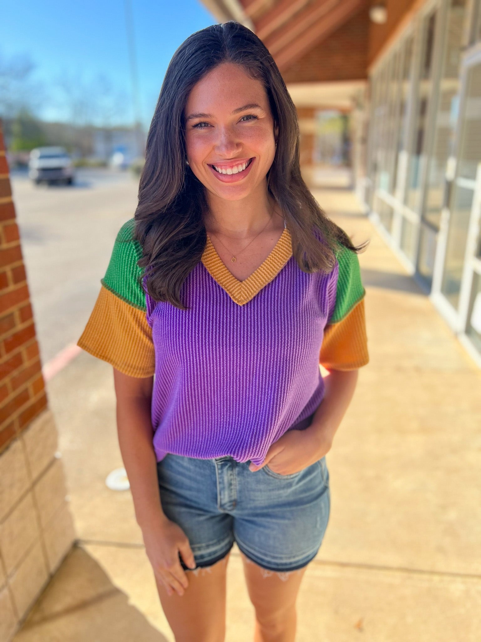 Purple Ribbed V - Neck Mardi Gras Short Sleeve Top - A'Bekah's Boutique