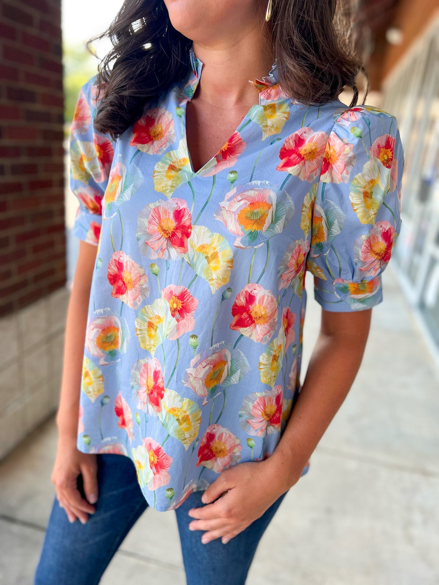 Quite the Catch Light Blue Floral Short Sleeve Top - A'Bekah's Boutique