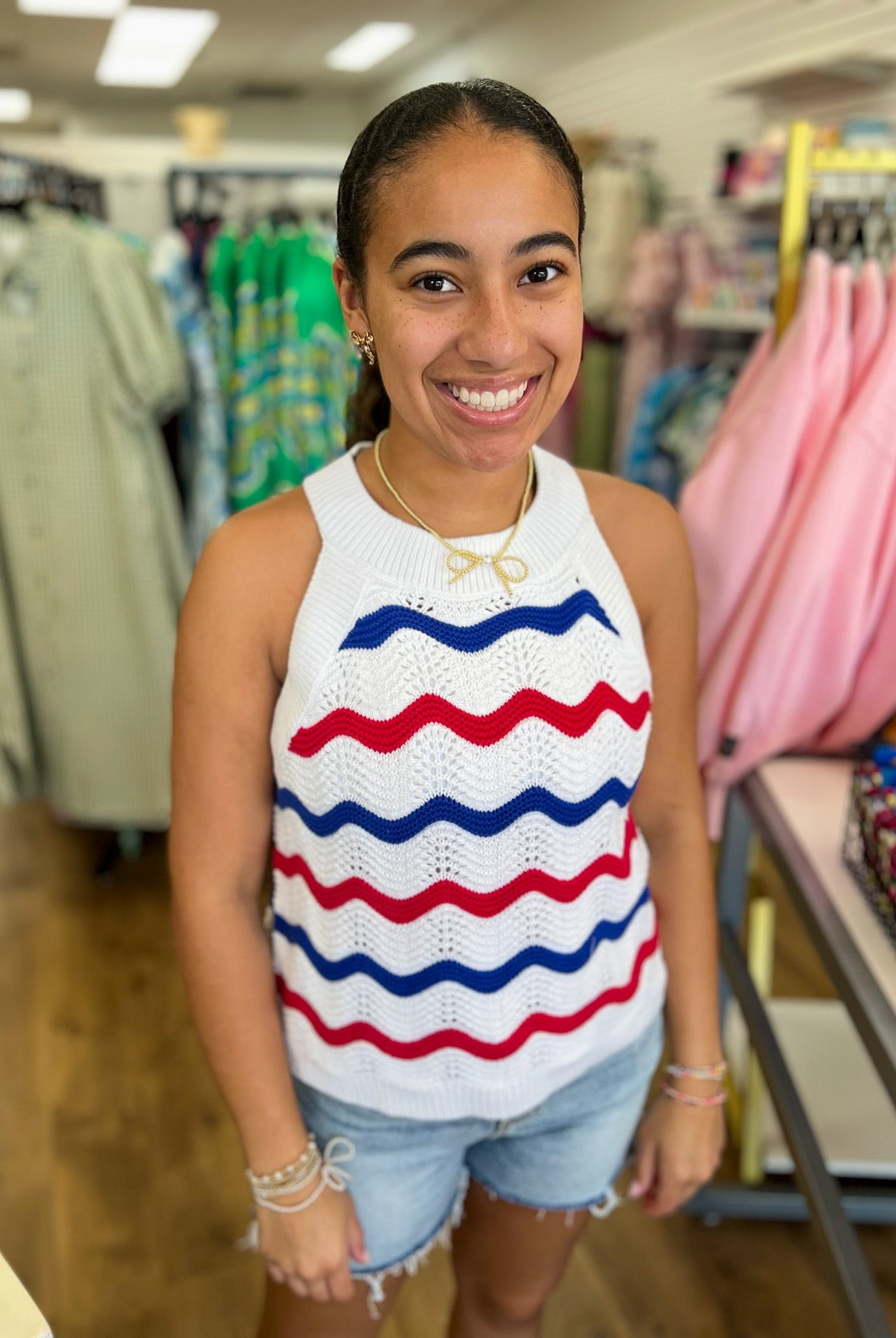 Red and Blue Striped Lightweight Sleeveless Sweater - A'Bekah's Boutique