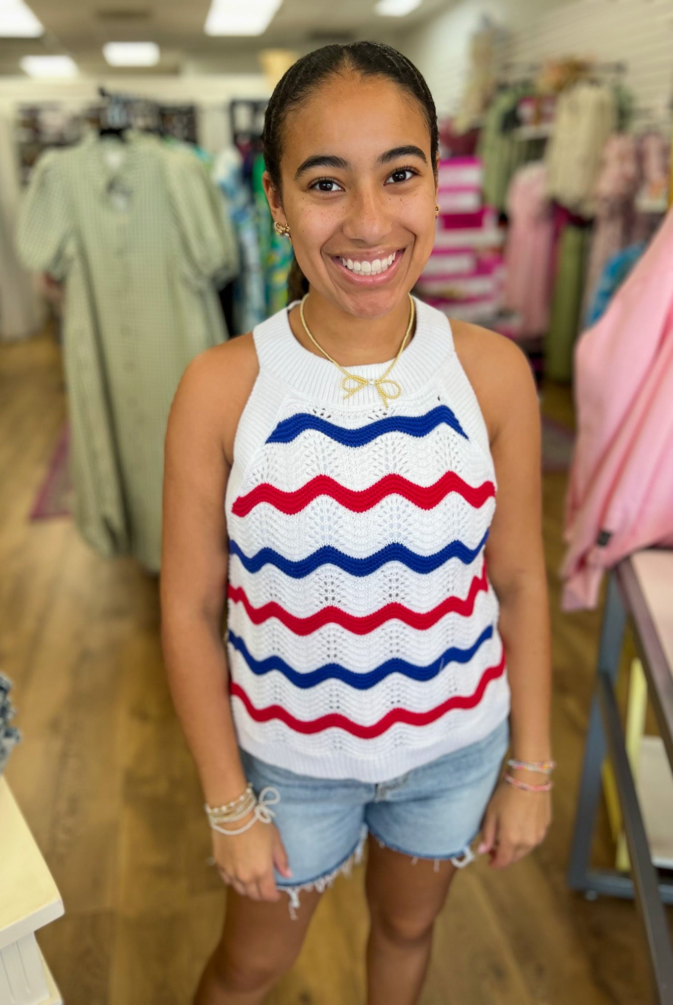 Red and Blue Striped Lightweight Sleeveless Sweater - A'Bekah's Boutique