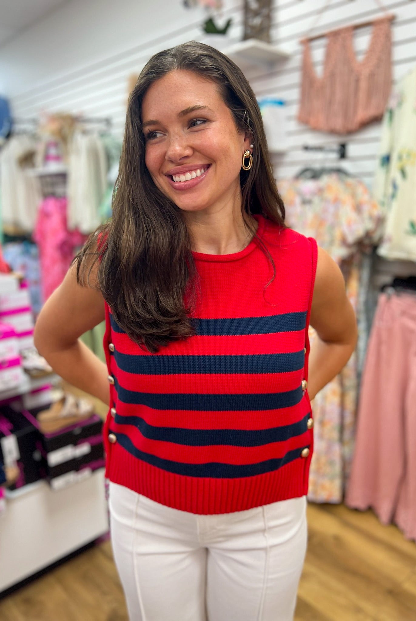 Red and Navy Striped Sleeveless Knit Top with Gold Buttons on Sides - A'Bekah's Boutique