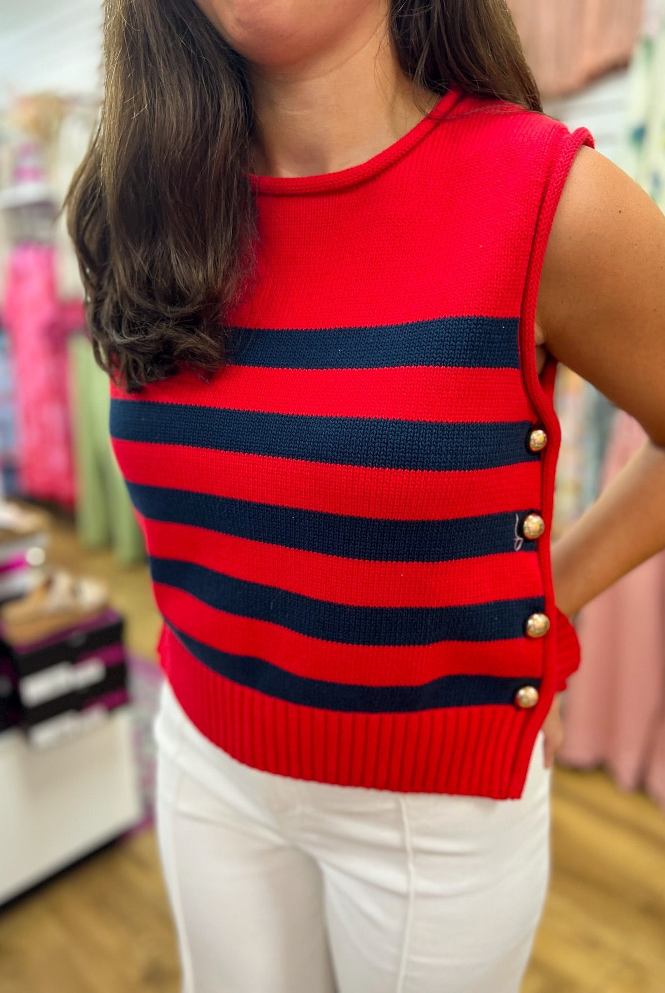 Red and Navy Striped Sleeveless Knit Top with Gold Buttons on Sides - A'Bekah's Boutique